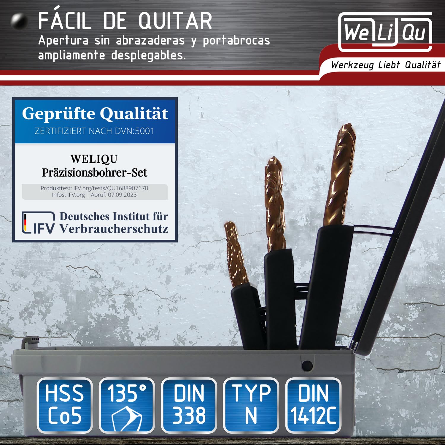 WeLiQu® Brocas para metal cobalto, HSS-E M35, 25 piezas, 1-13 mm, paso de 0,5 mm, autocentrado, DIN 338, tipo N, 135° para acero de hasta 1000 N/mm², V2A, CrNi, bronce, fundición.