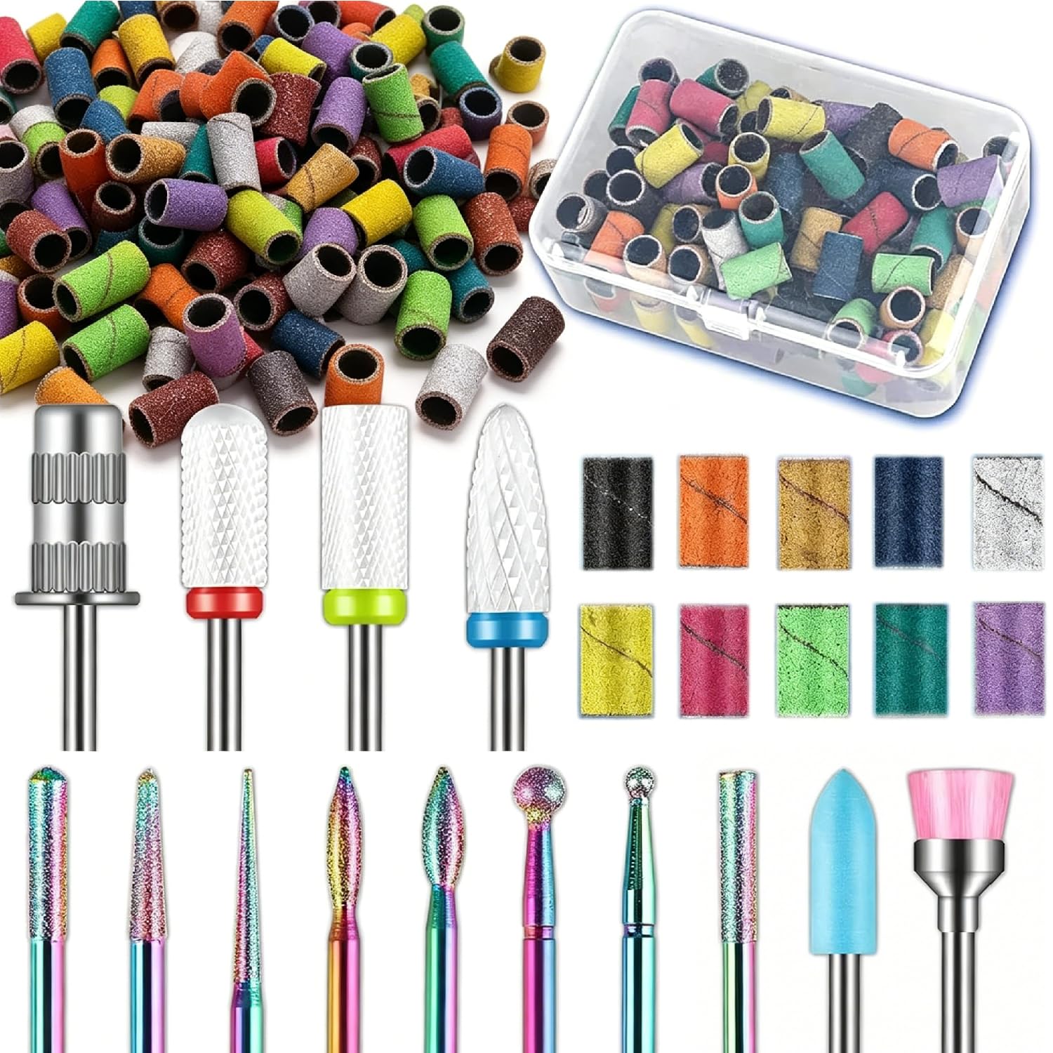 13 brocas para uñas+100 bandas de lijado de 10 colores+1 broca de mandril, juego de brocas de uñas Cremaic Damiand de 3/32 pulgadas, brocas torno uñas profesionales de gel acrílico, manicura pedicura