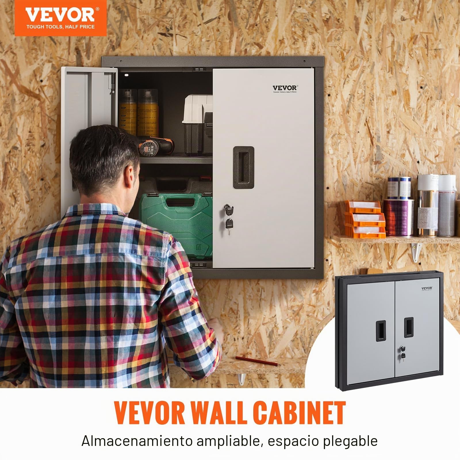 VEVOR Gabinete de Almacenamiento para Garaje 660x305x660 mm Armario de Herramientas Montado en Pared, Carga Total de 108,8 kg Estante Ajustable con Puerta Magnética para Taller, Almacén, Hogar, Negro