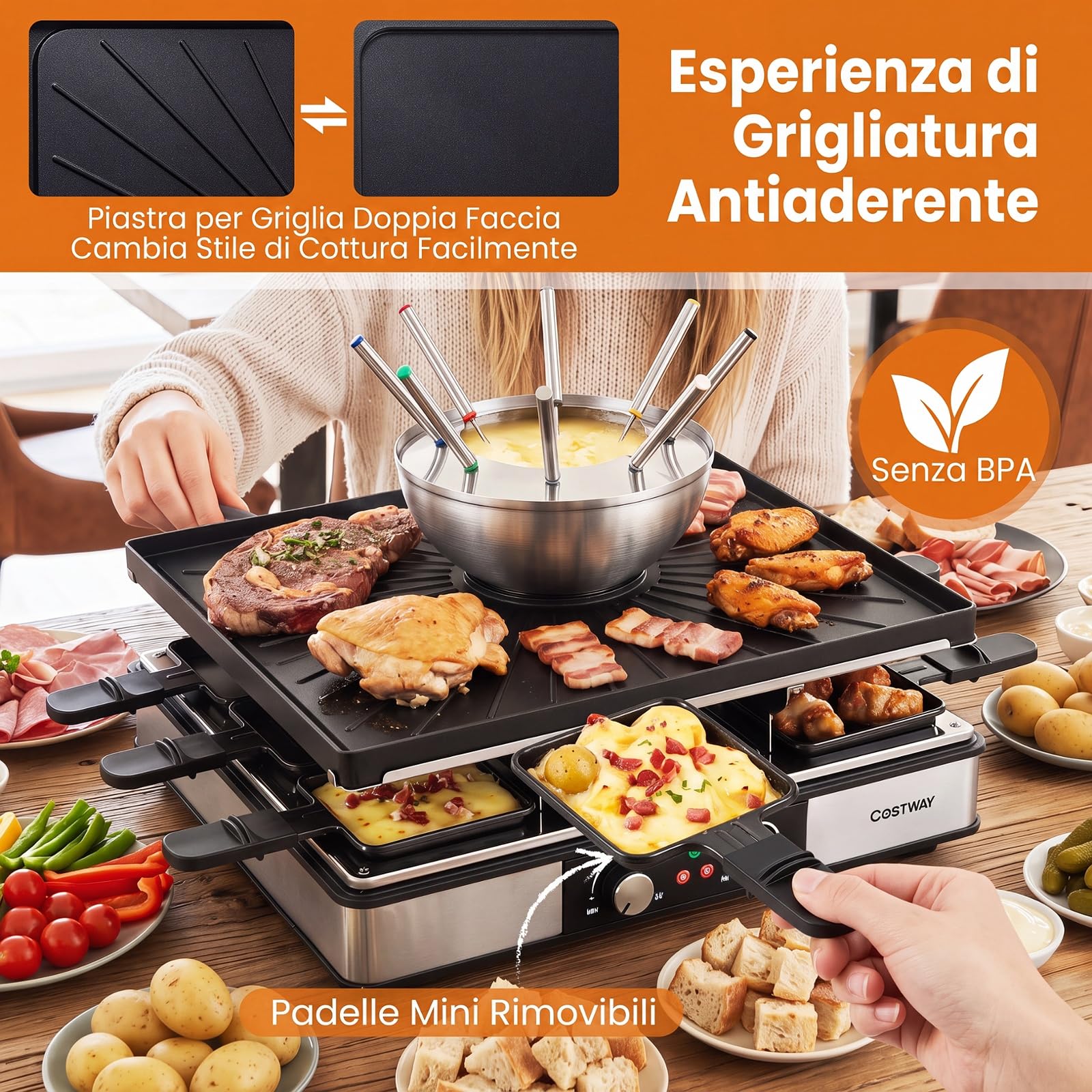 COSTWAY 2200W 3 in 1 Set Griglia per Raclette e Fonduta, per 8 Persone