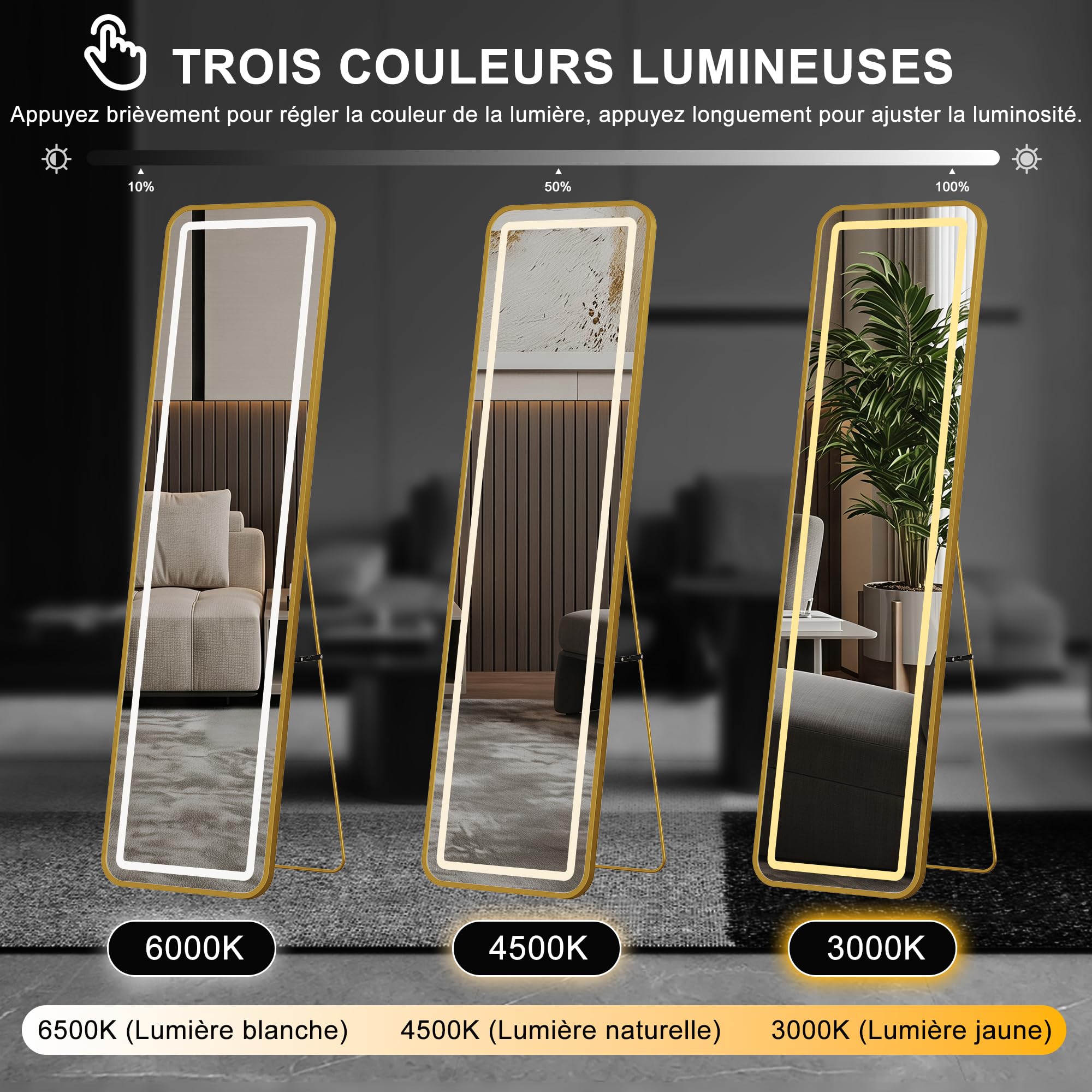 Lustro o pełnej długości LED 150 x 40 cm Złote lustro stojące w 3 temperaturach barwowych, możliwość ściemniania, duże wolnostojące i ścienne lustra do sypialni garderoba salon wejście