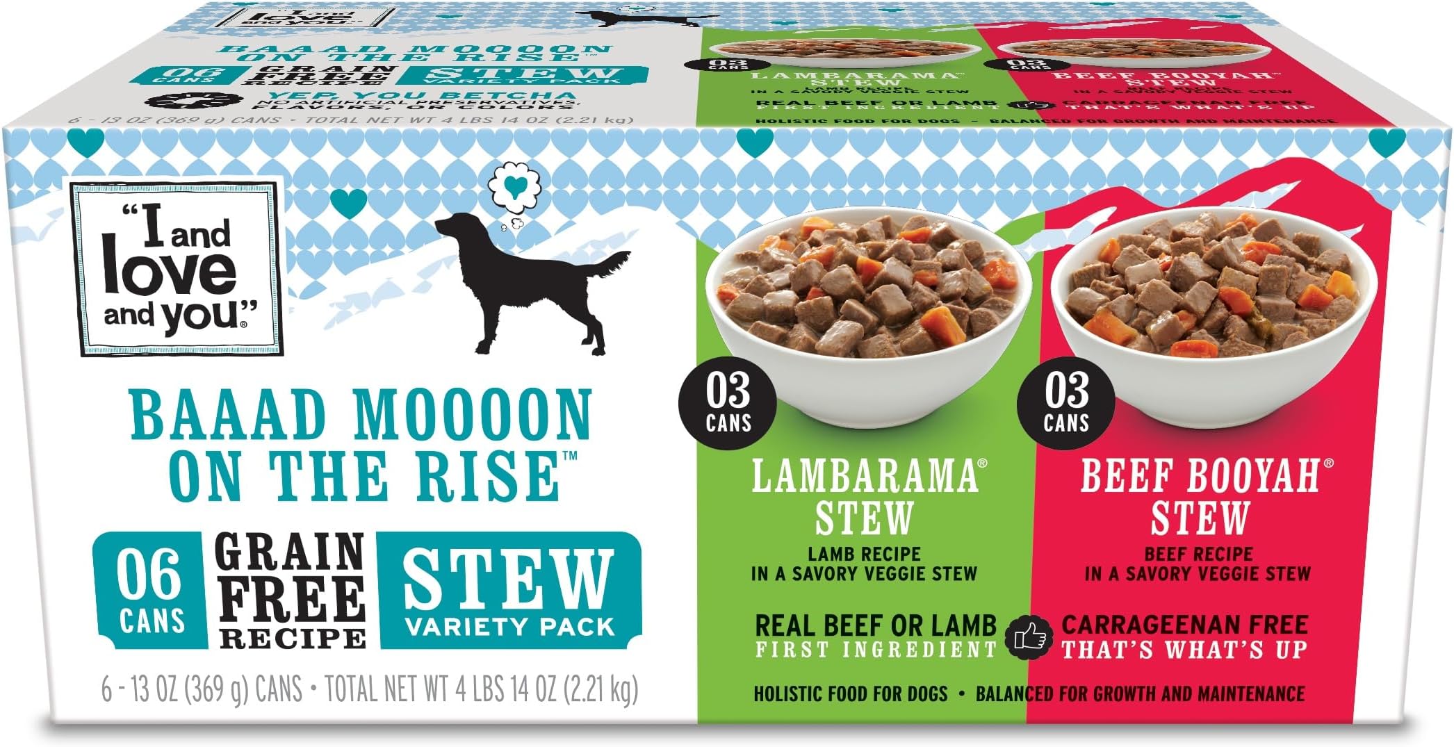 I and love and you Wet Dog Food - Baad Mooon On The Rise Variety Pack - Beef + Lamb, Grain Free, Filler Free 13oz can, 6pk