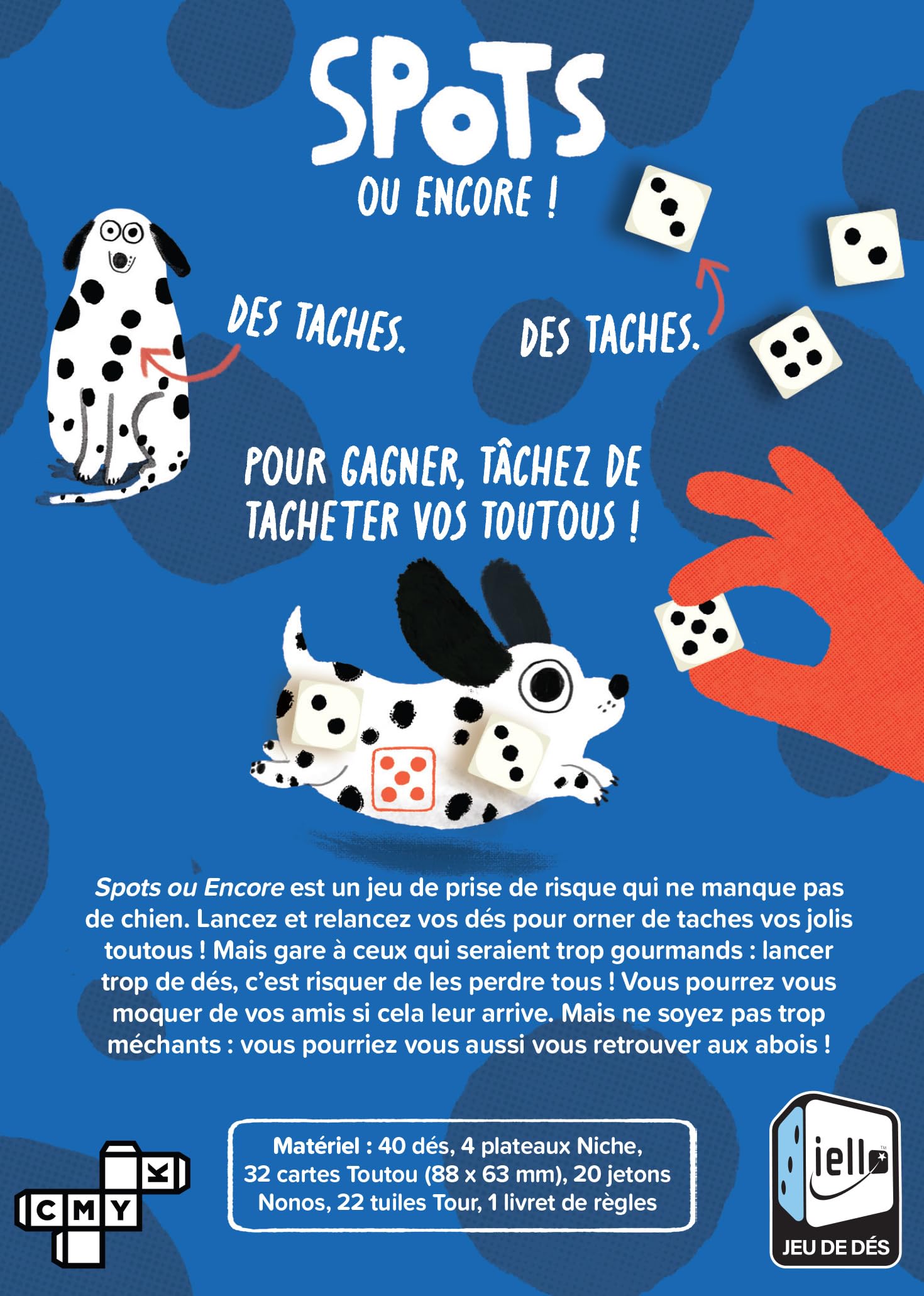 IELLO Dados Spots o Encore – Juego de Dados y Perros Todos, Stop o Encore y Colocación en Cartas, 1 a 4 Jugadores – Ilustraciones Adorables