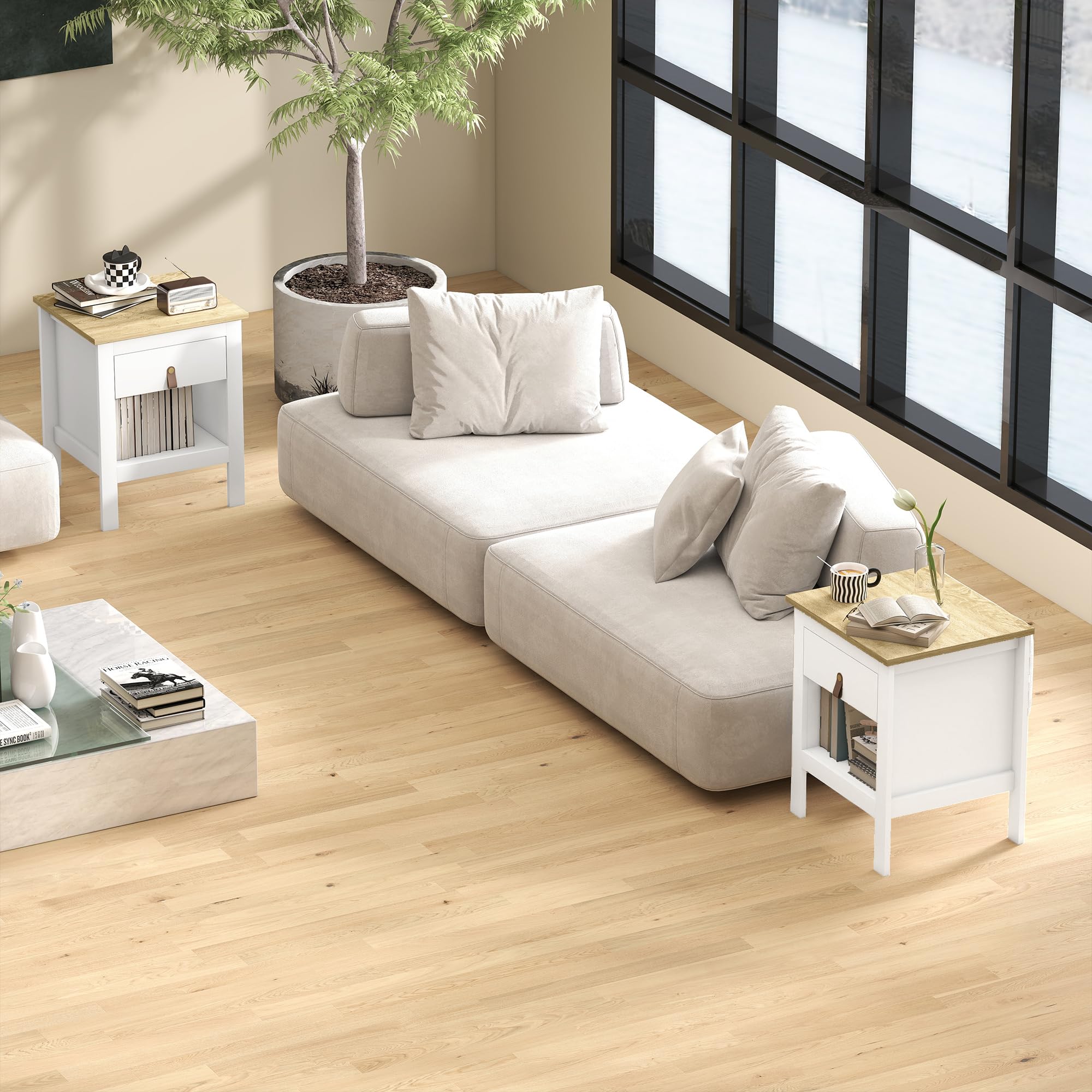 HOMCOM Set 2 Comodini Camera da Letto con Cassetto e Ripiano Aperto Portaoggetti, Coppia di Comodini Moderni in Legno, Tavolini per Divano, Soggiorno, Salotto, 45x40x55 cm, Bianco e Rovere