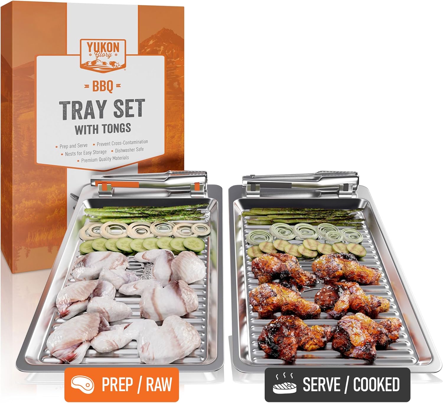 Yukon Glory BBQ Tray Set with Tongs | Grilling Prep and Serve Trays | Colored Trays - Orange and Grey | Stainless Steel Serving Tray - Set of 2