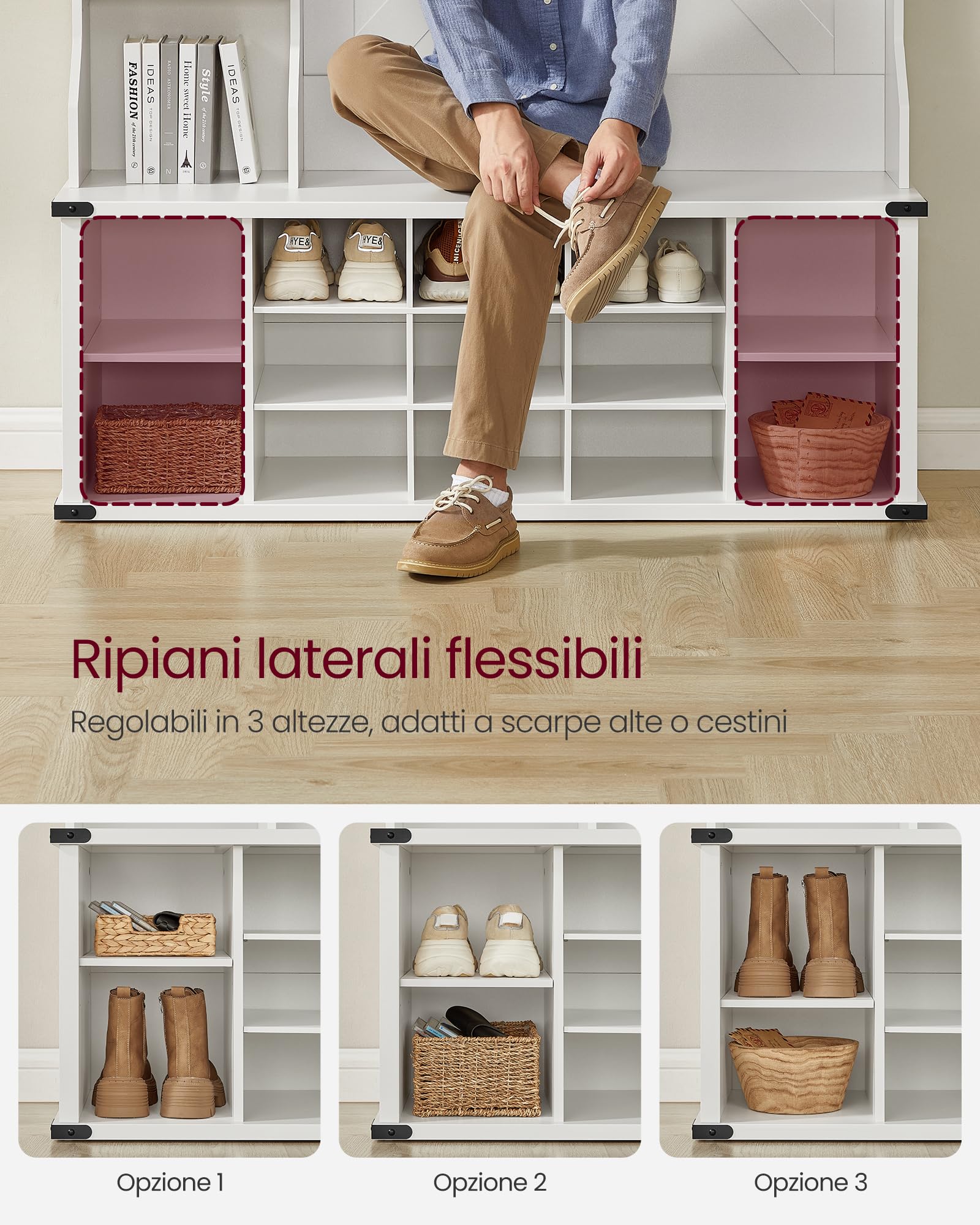 VASAGLE Appendiabiti Ingresso con Panca Scarpiera, Mobile Ingresso da Terra, Ripiani Regolabili, 20 Scomparti Aperti, 6 Ganci Tripli, Salvaspazio, Entrata Corridoio, Bianco Nuvola HSR440W03