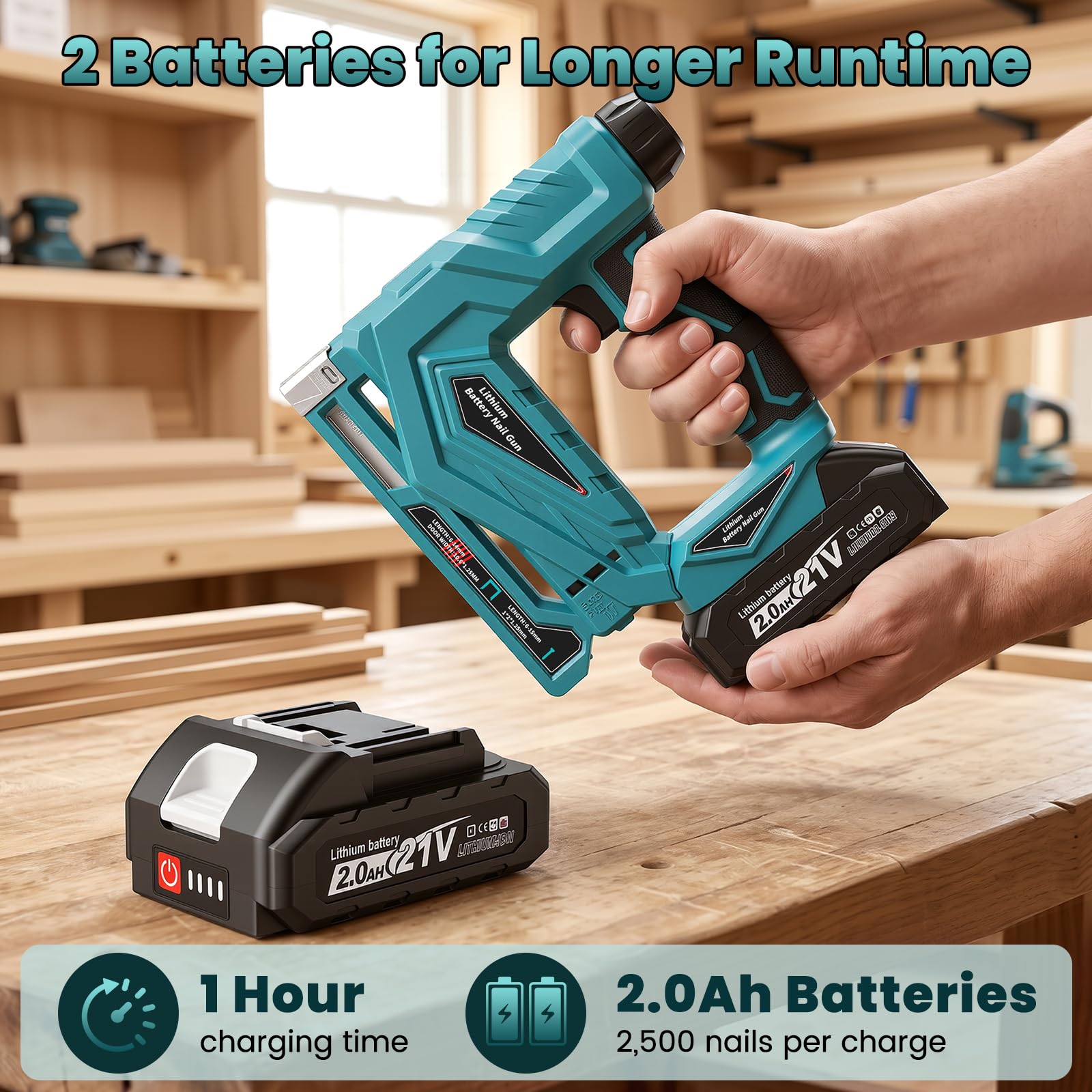 Yofuly Grapadora Clavadora Eléctrica a Batería 2 en 1, Compatible con Baterías Makita 18V, 2 Baterías 2,0Ah, Grapas de 6-14 mm y Clavos Brad 18GA de 6-15 mm, Ajuste de Profundidad, con 2000 Grapas