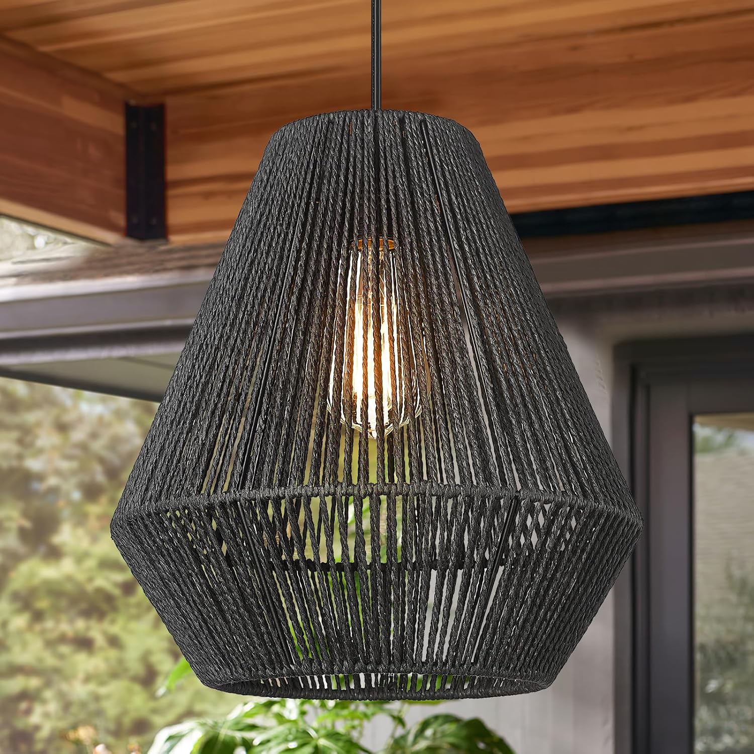 ELYONA Modern Woven Pendant Light Fixtures 11.8" Farmhouse Coastal Hanging Lamp Matte Black Handwoven Rattan Basket Shade Boho Pendant Light for Kitchen Island Dining Room Bar Bedroom Foyer Hallway