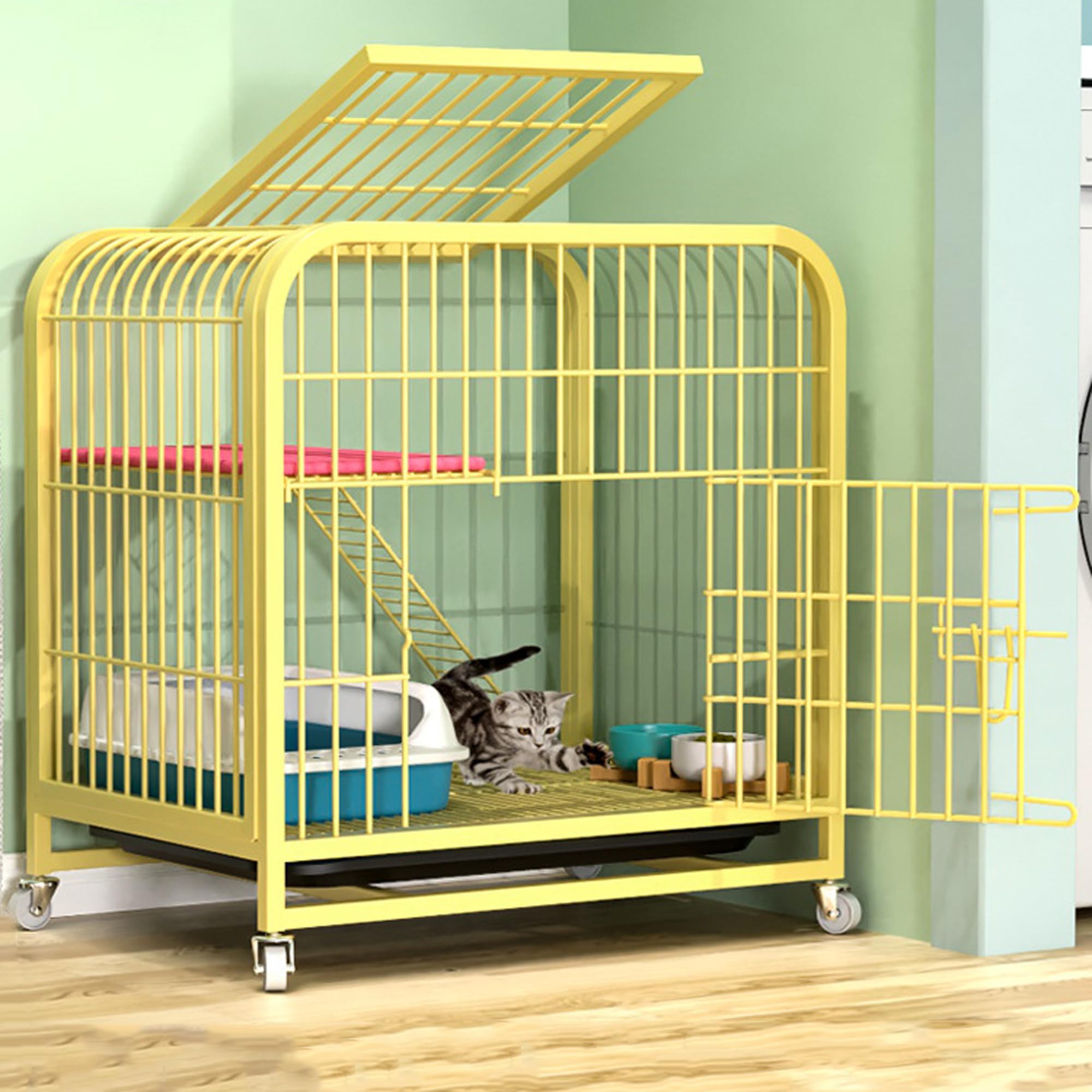 FZZIBQYR Cat Crate Cat Cage Indoor Pet Carriers Small Animal Playpen for Cats Metal Enclosure 2 Tier Kitten Kennel Outdoor Cat House with Locking Doors Universal Wheel (Wood Color, Small)