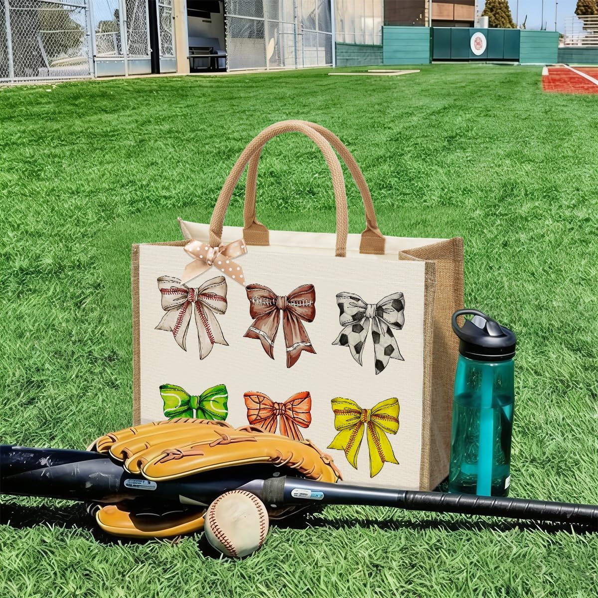 Colorful bowknot canvas tote bag for baseball, football, softball and tennis. Made of high- jute canvas, Suitable for exercise, daily commuting, shopping, birthday and Mother's Day gifts. - Image 3