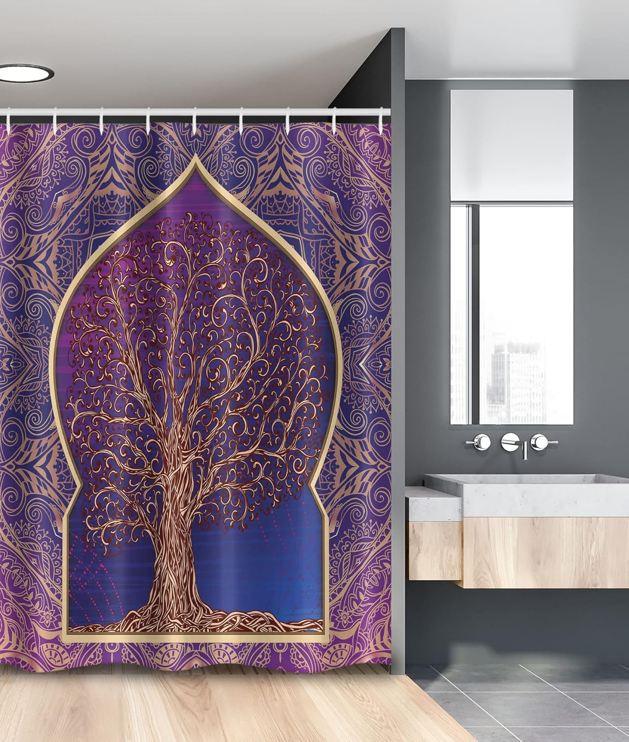 Ambesonne Ethnic Stall Shower Curtain, Tree with Curved Leafless Branches Exotic Moroccan Arch Retro Art Design Print, Fabric Bathroom Decor Set with Hooks, 54" W x 78", Purple and Blue