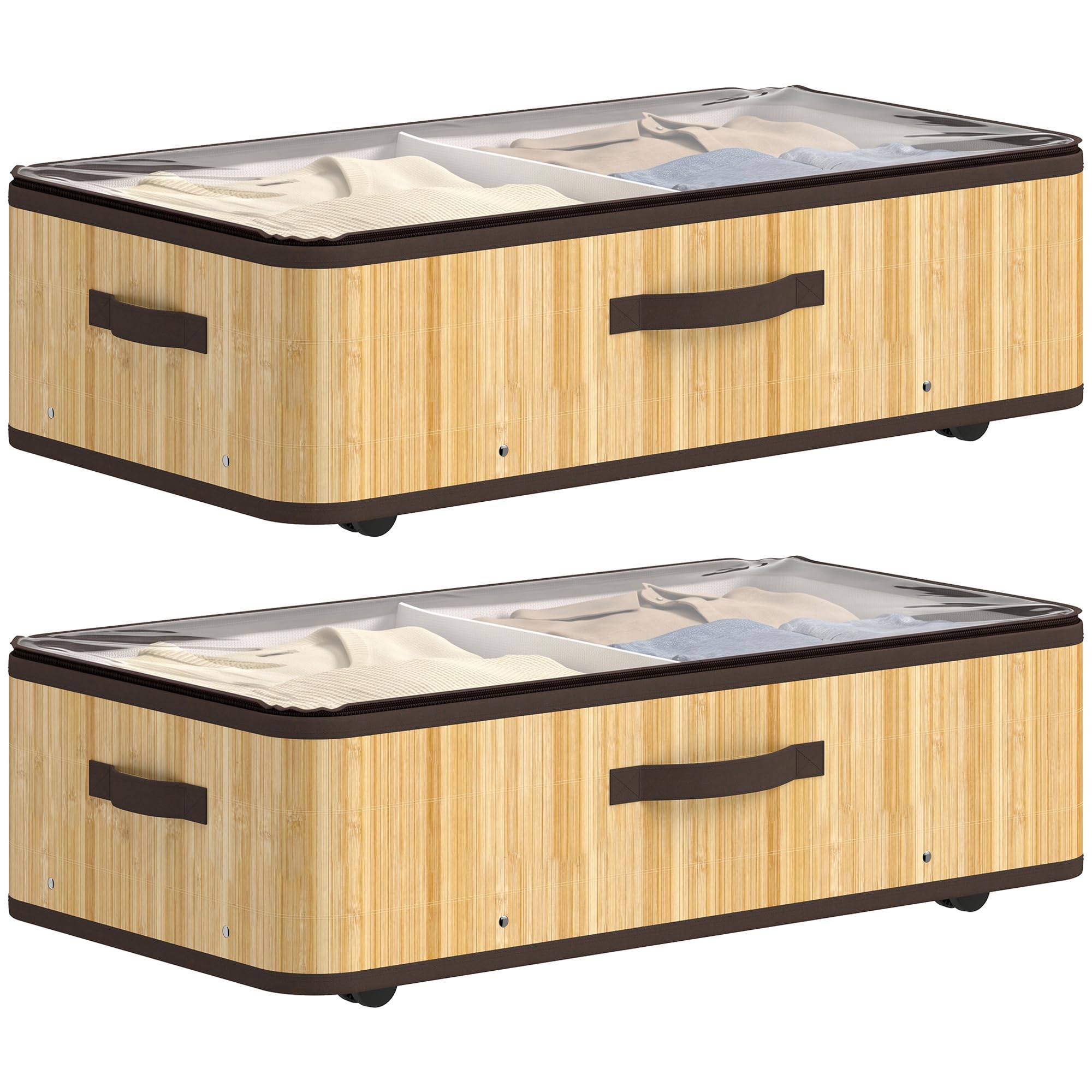 HOMCOM Juego de 2 Cajas de Almacenaje Bajo Cama con Ruedas 60L, Natural