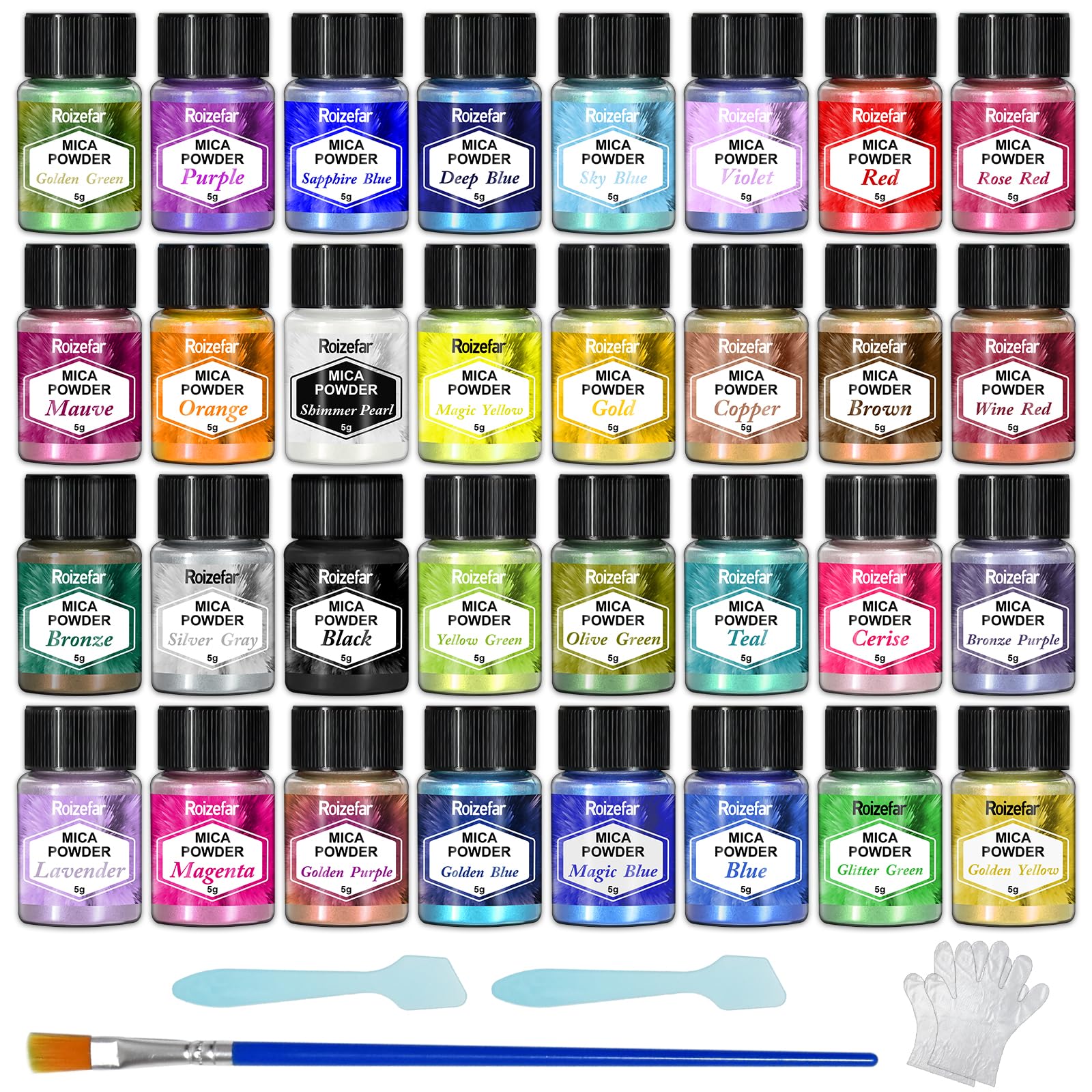 Roizefar Mica Powder - 32 Colors Epoxy Resin Pigment, Soap Paint, Metallic Powder Paint for Jewelry Making, Bath Bombs, Candle Making(5g Per Work)