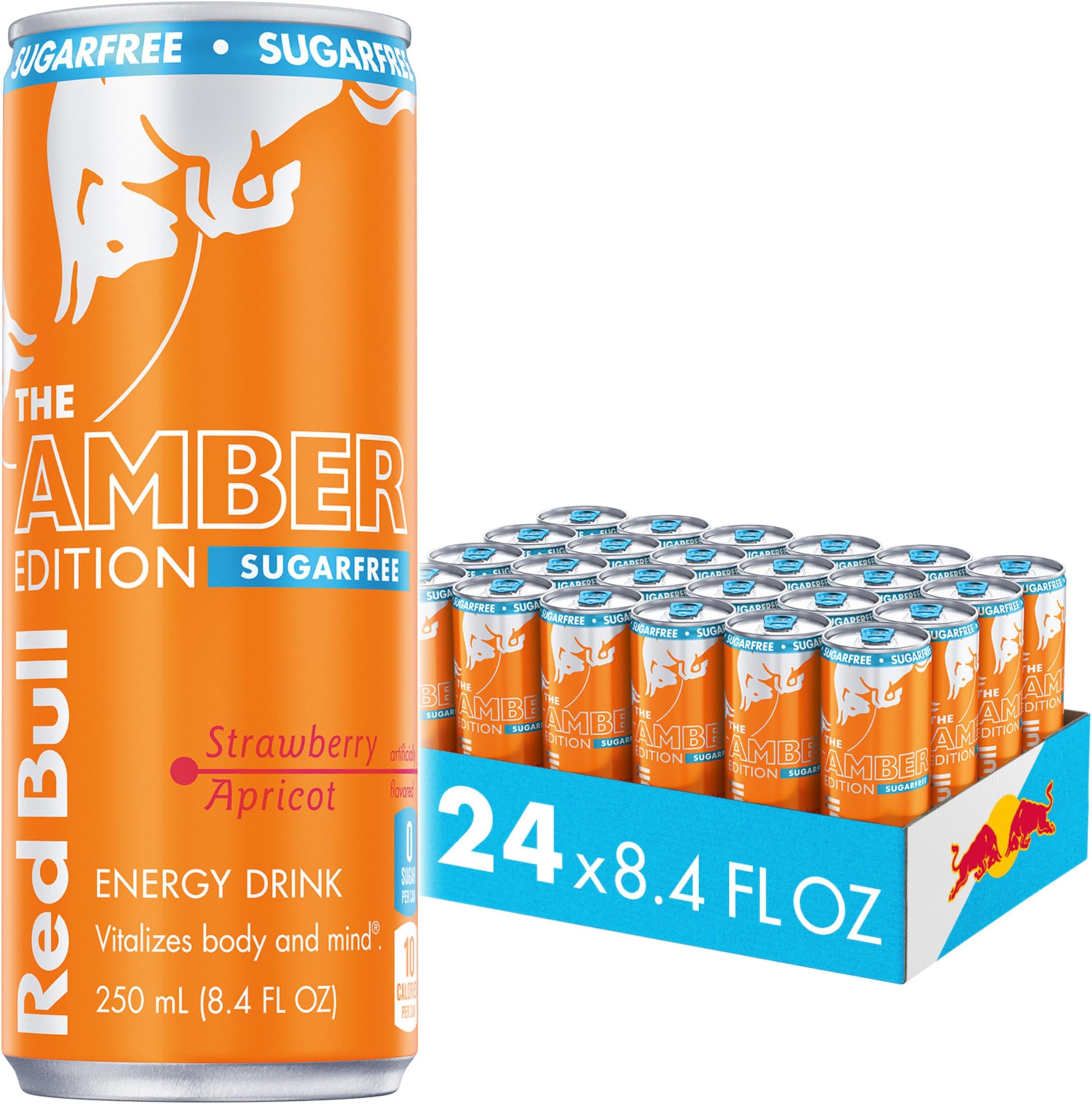 Amber Edition Sugar Free Energy Drink, Strawberry Apricot, with 80mg Caffeine plus Taurine & B Vitamins, 8.4 Fl Oz, Pack of 24 Cans