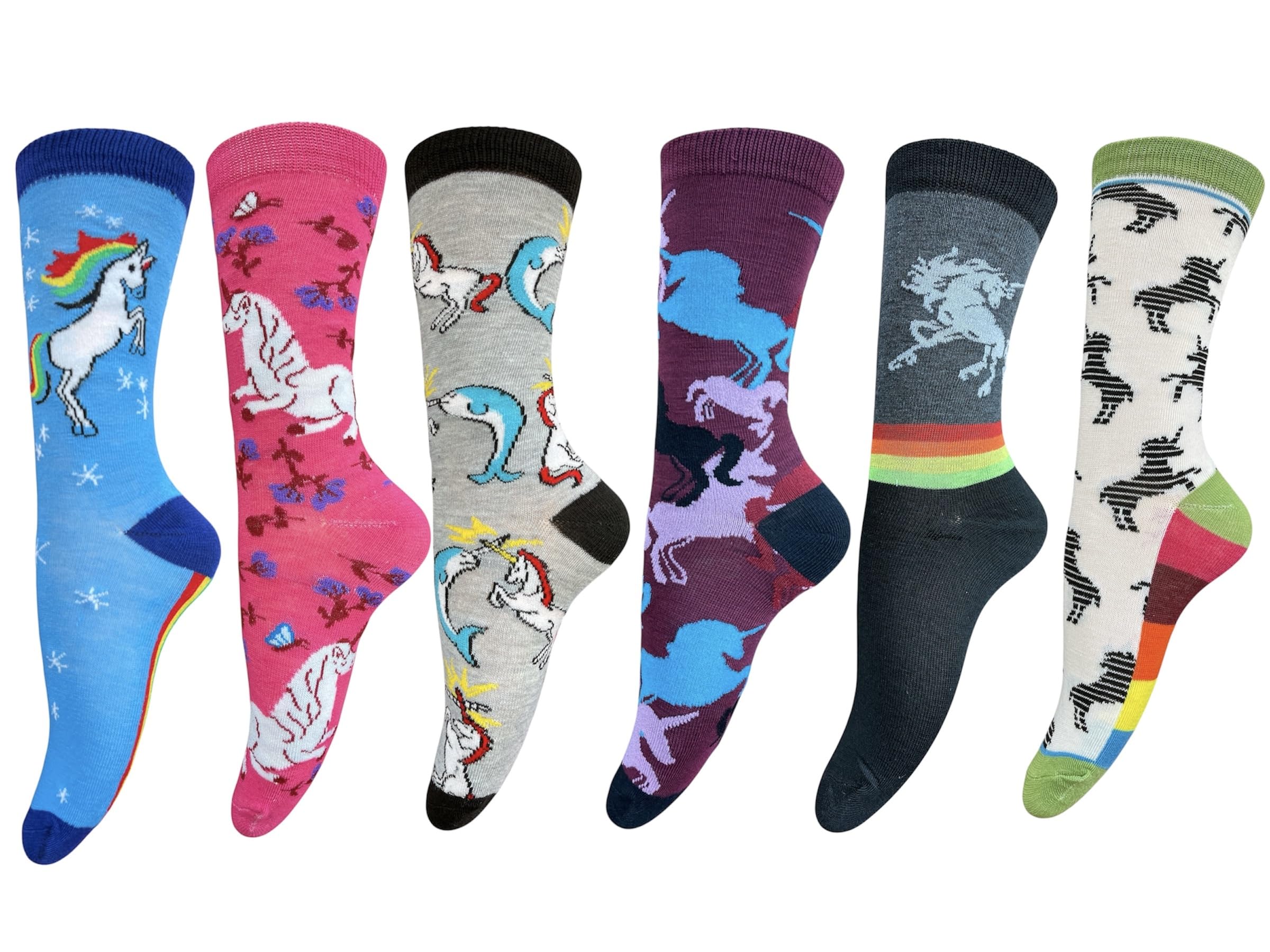 Qz Fashion Girls Multicoloured 6 Pairs Childrens Novelty Ankle Socks Kids Unicorn Character Funky Designs (Uk, Numeric, 6, 8, Regular, Multicolour)