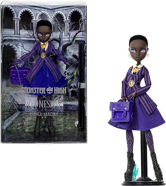 Monster High x Wednesday Doll and Accessories, Bianca Barclay Collectible in Nevermore Academy Uniform with Siren Amulet, Backpack and Doll Stand