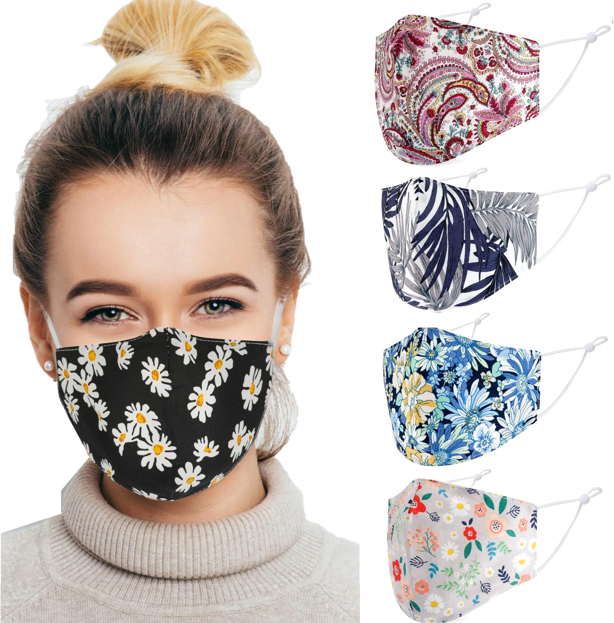 Cotton Face Masks 4 Pack | Washable & Reusable | Filter Pocket & Adjustable Straps | UK Seller | 3 Layer Fabric Mask with Protective Covering
