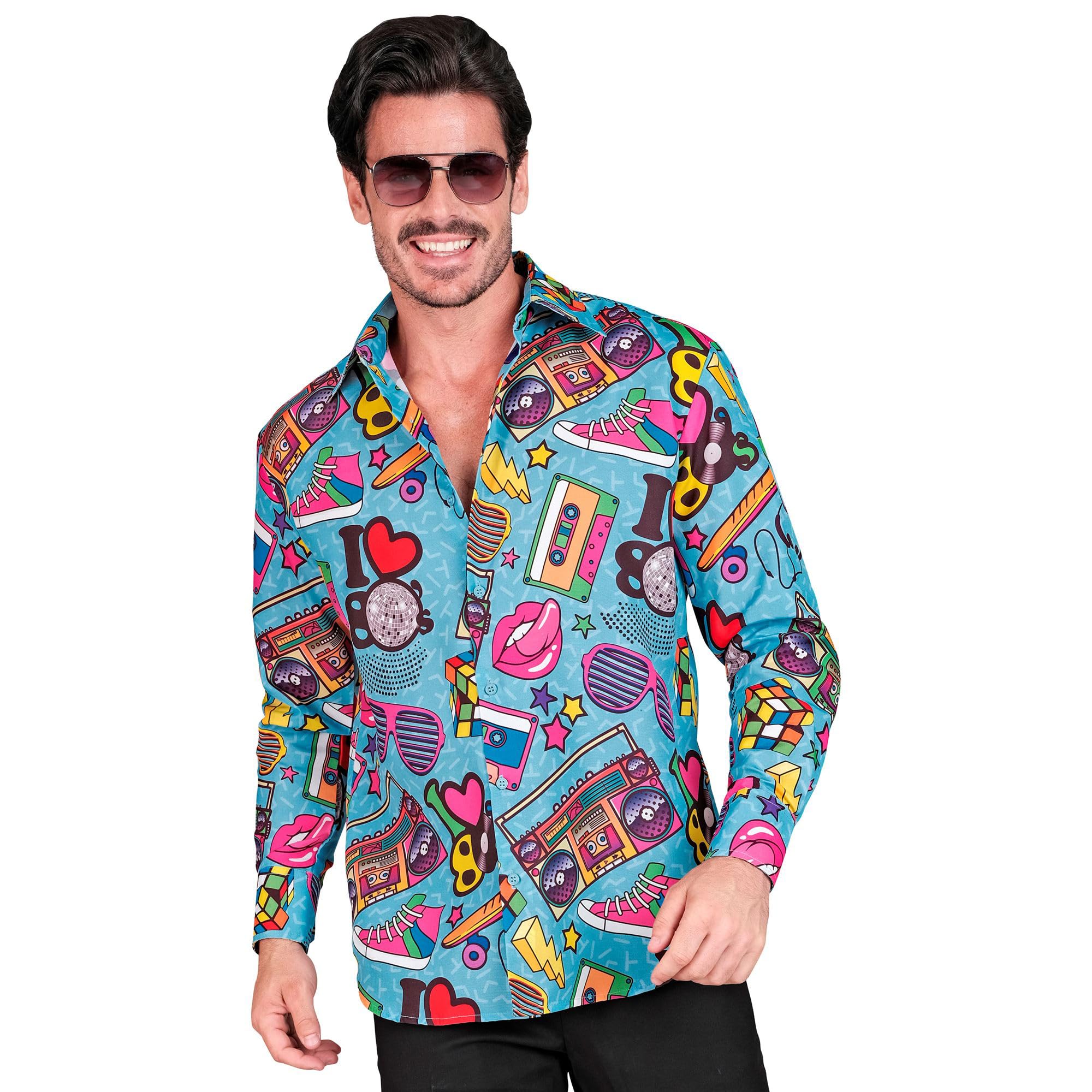 Widmann - Party Fashion Shirt, 80s Outfit, Men's Shirt, Long Sleeve, Showmen, Disco Fever, Multicoloured, L-XL