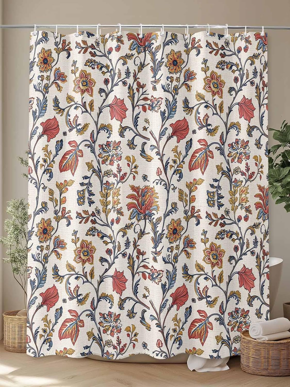 Orange Red Leaf Waterproof Shower Curtains Set - Extra Long 72 x 78 Inch, Vintage Farmhouse Boho Pastoral Tribal Polyester Fabric Bathroom Curtain with 12 Hooks, Bathroom Accessories, 1 Panel