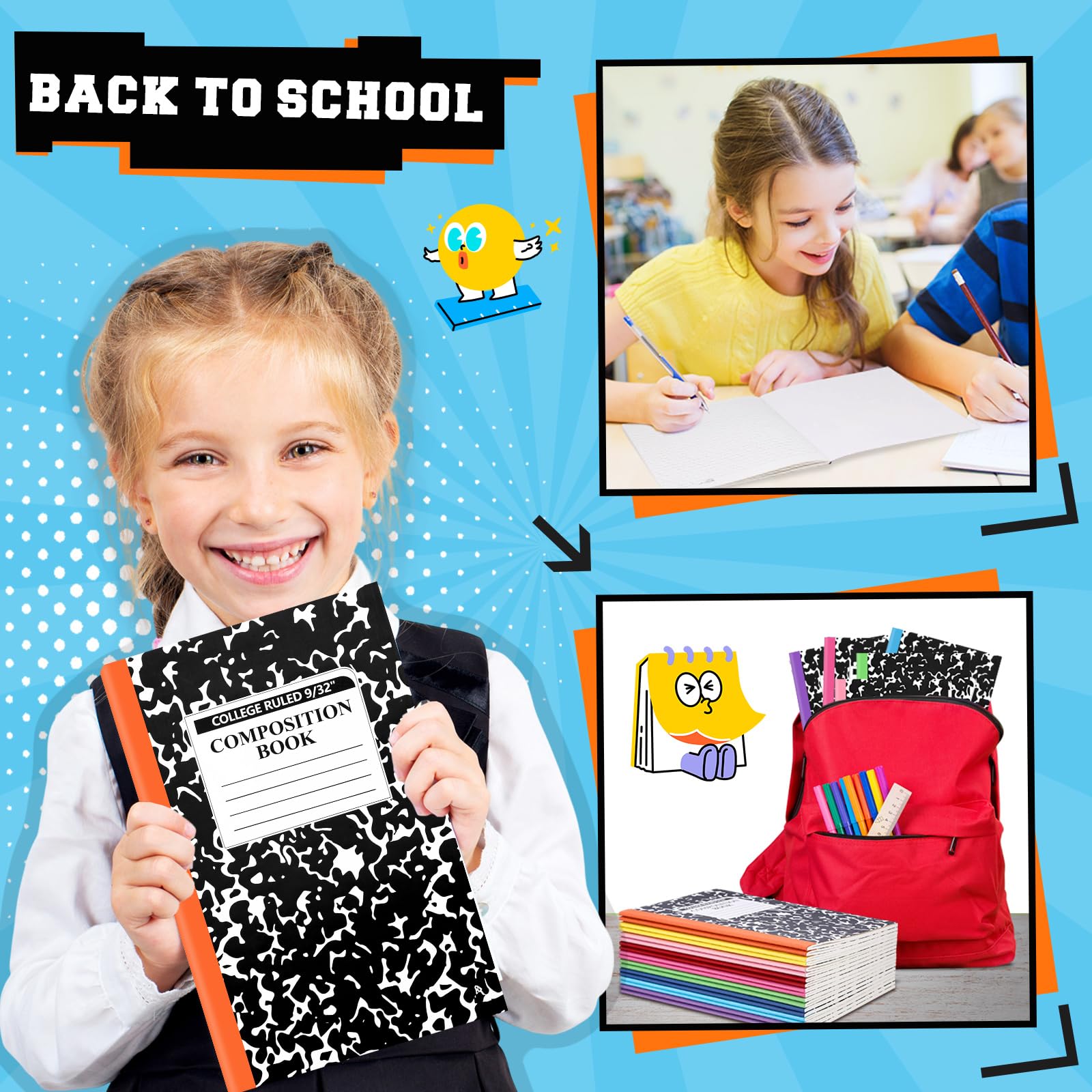 Fainne Lot de 100 carnets de composition A5 à lignes larges - Carnet de notes ligné pour étudiant, salle de classe, fournitures de bureau, 30 feuilles/60 pages (dos multicolore)