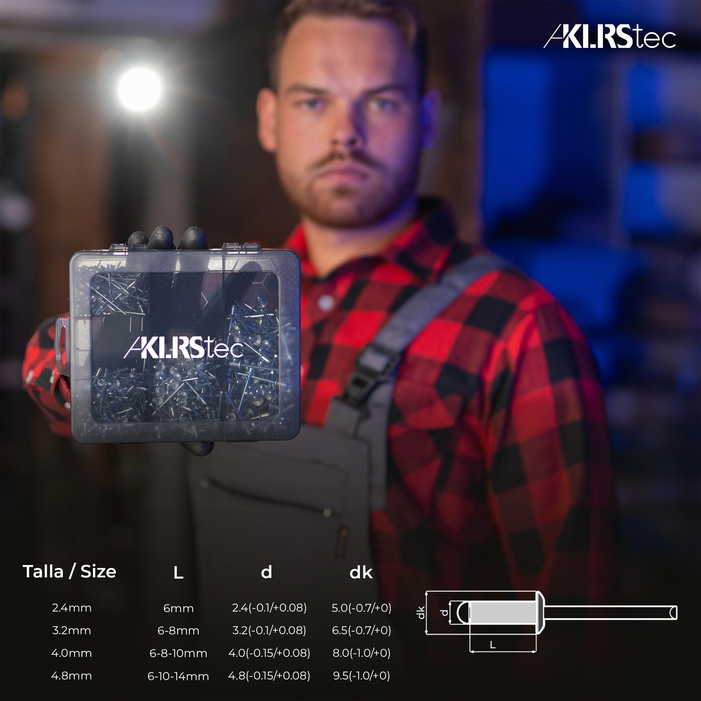 KLRStec Profesional Juego de Remaches Ciegos 500 Piezas de Aluminio y Acero para Remachadora – 125 Piezas de Cada Tamaño 2,4 mm, 3,2 mm, 4,0 mm y 4,8 mm