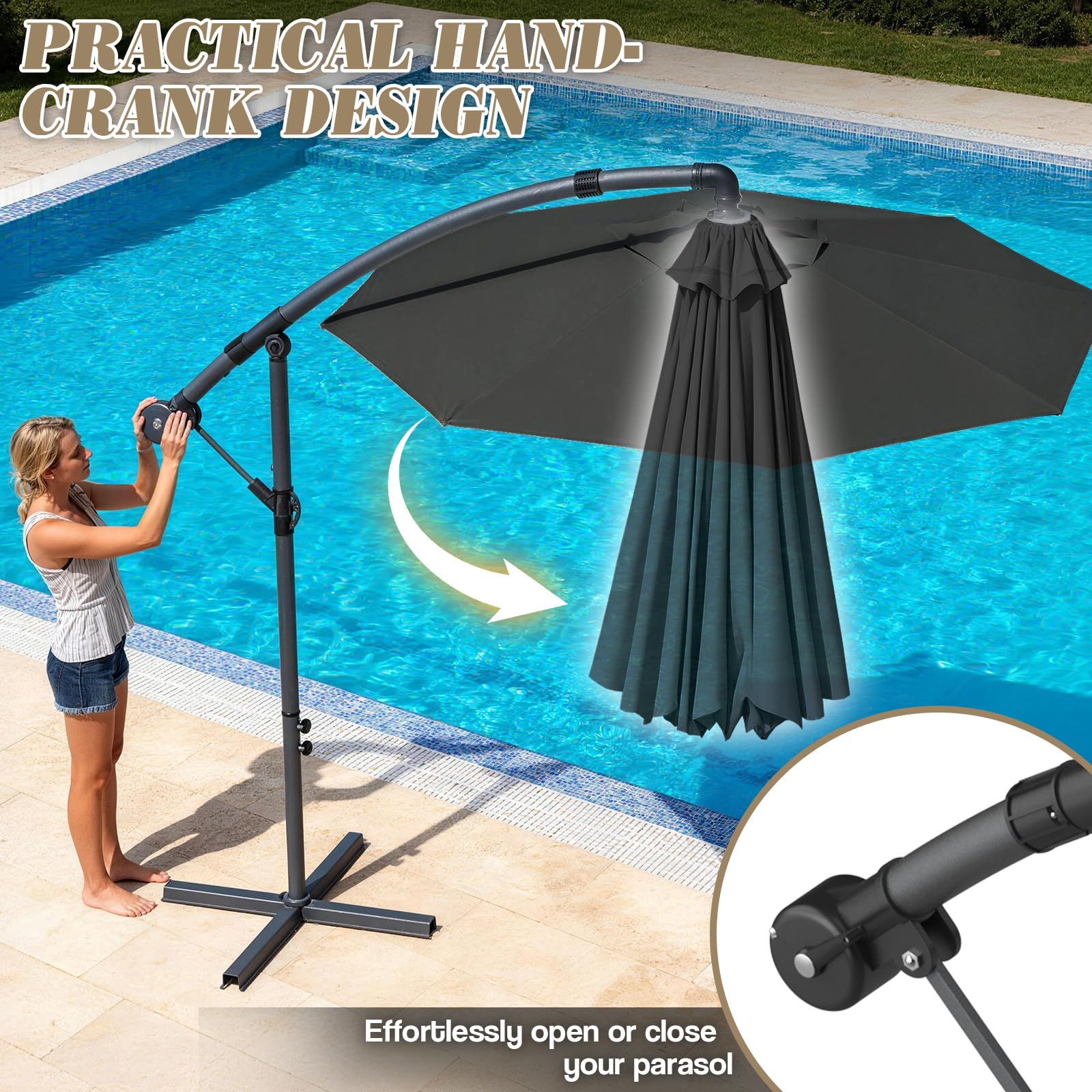 Verdego Parasol przeciwsłoneczny ze stojakiem, Ø 300 cm, parasol ogrodowy z korbą, parasol tarasowy, ochrona przed promieniowaniem UV, wiatroszczelny, wodoodporny, parasol rynkowy, obracany o 360°