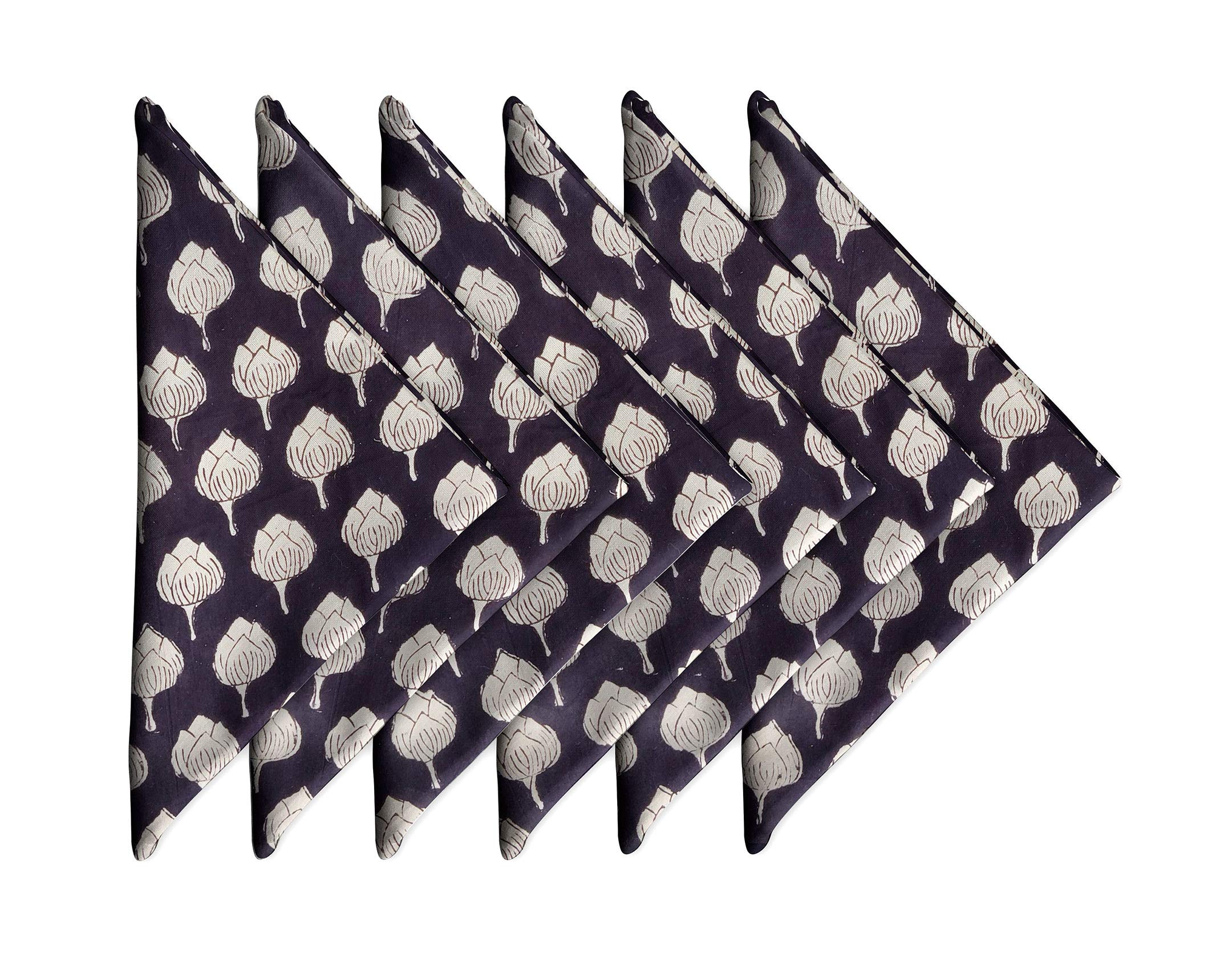 Craftbot Block Print 100% Soft Cotton Napkins 18x18 inches - Washable Cloth Dinner Napkins Set of 6 - Everyday Use or Dinner Party and Events - Black and White Lightweight Indian Fabric