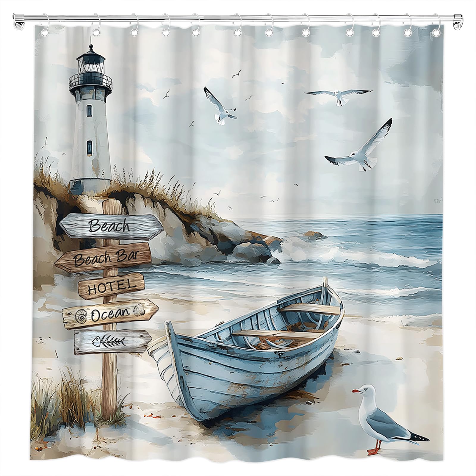 Nautical Coastal Shower Curtain Ocean Beach Lighthouse Seasides Sailboat Seagull Wild Grass Sea Waves Watercolor Seascape Bath Curtain Fabric Bathroom