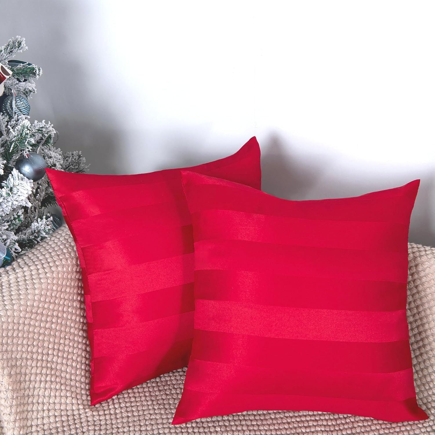 Hiasan Red Pillow Covers 18x18 Inch Set of 2, Striped