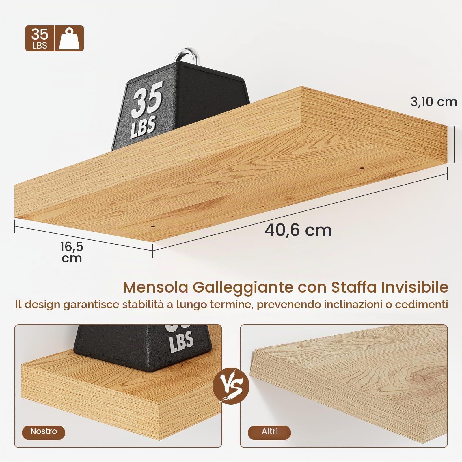 Feihorrm Mensole Sospese, Mensole Da Parete, Mensola Da Parete Profonda 16.5 cm, Mensole In Rovere Da 40 cm, Scaffali Per Bagno, Camera Da Letto, Soggiorno E Cucina, Rovere, 40 x 16.5 x 3.1 cm
