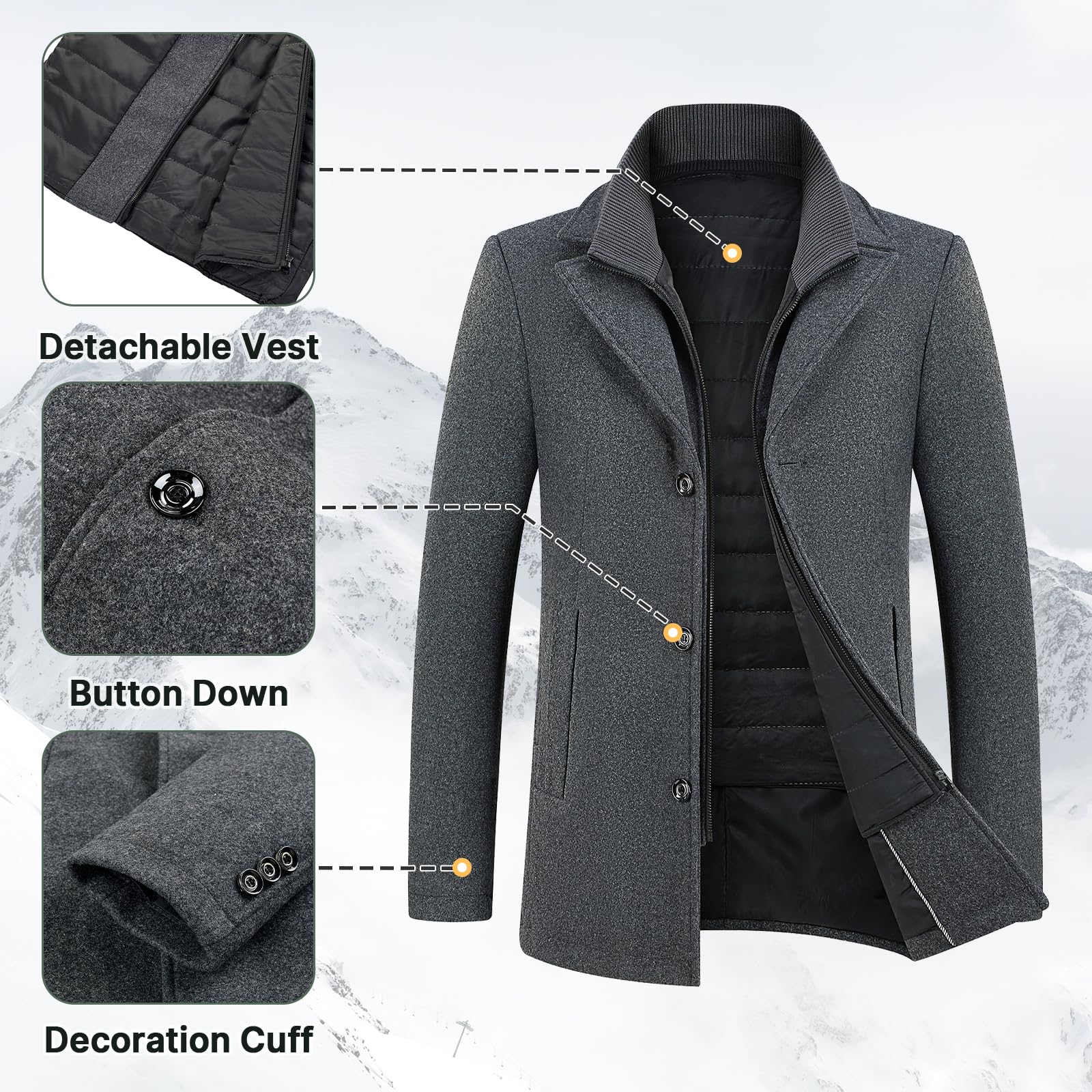 Cappotto umd gilet cappotto di lana spessa cappotto invernale caldo giacca, grigio., 3XL