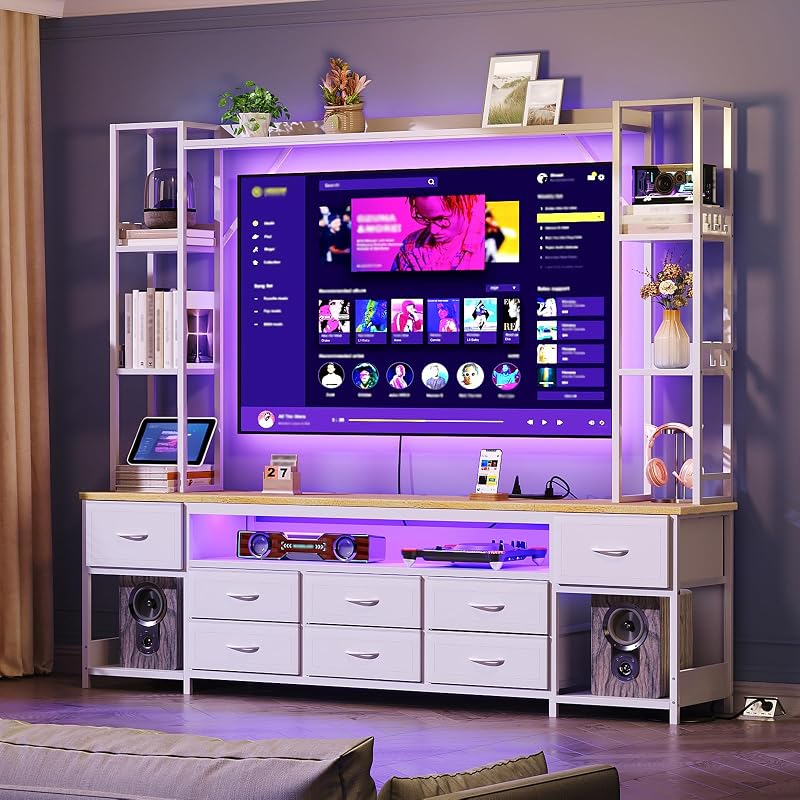 RALGEND Large Entertainment Center for Living Room, 85“W Wall Unit TV Stand with Bookshelves for TVs up to 65", Media Cabinet with Storage Drawers, LED TV Console with Power Outlets, White and Natural