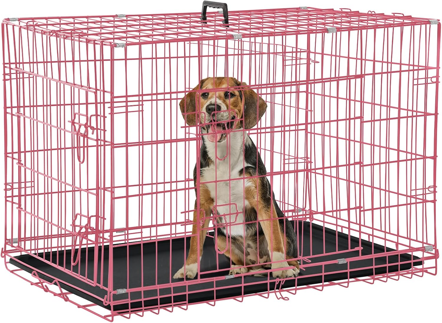 Dog Crate, Folding Portable Outdoor Large Two Door Metal Cat Dog Cage with ABS Tray LC Panel Floor Protecting Feet Wire Animal Pet Dog Kennel with Divider