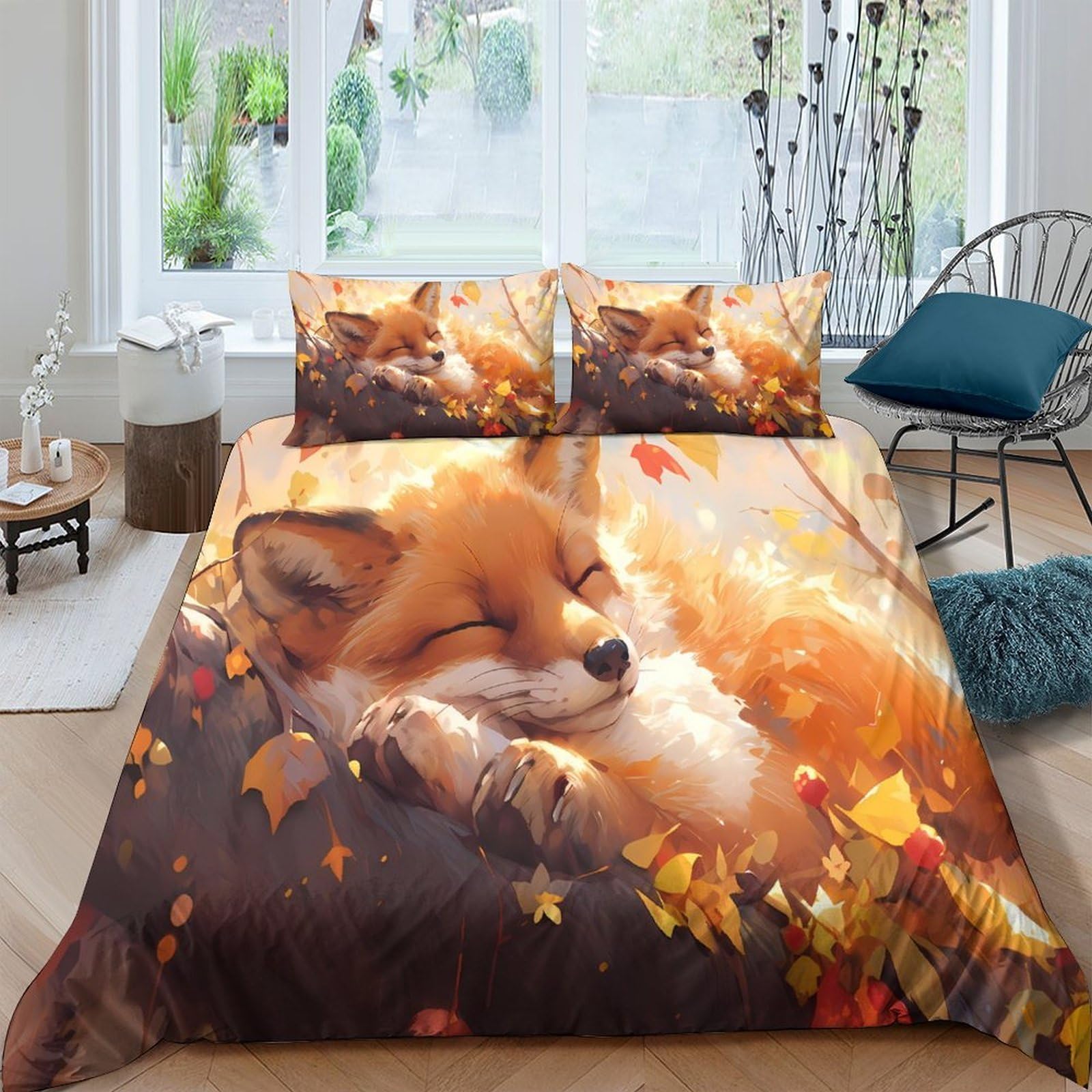 Ctjqhvkz Style-3 3D Printed Autumn Fox Fitted Sheet Microfiber Soft Breathable Woodland Leaves Bed Cover For Bedroom Dorm Decor Single（135X200cm）