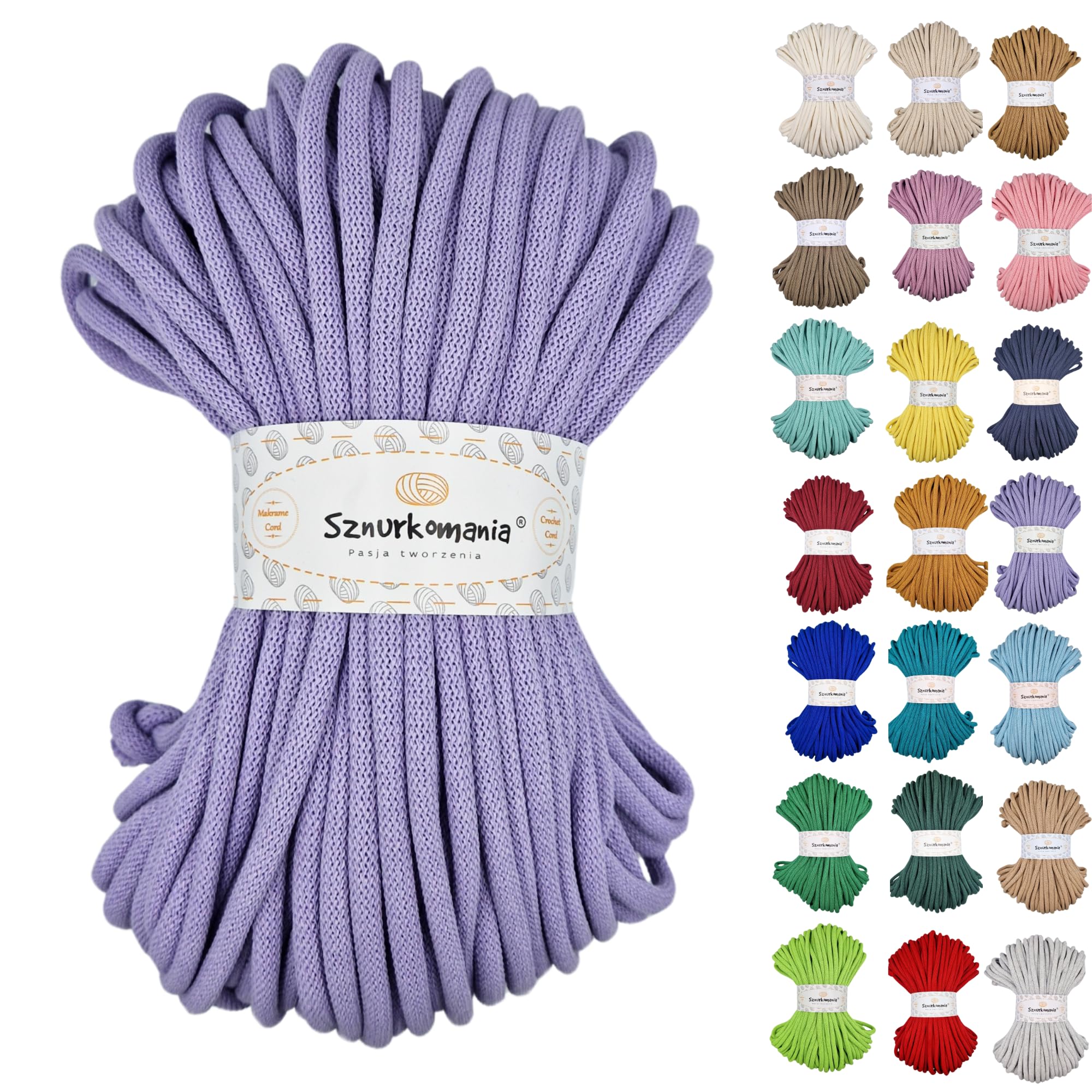Sznurkomania, Cotton Cord 9mm 50m, Many Colors, Macrame Yarn, Cotton Yarn, Braided Cotton Cord 9mm with Core, Crochet Cord, Crocheted Bag (Lavender)