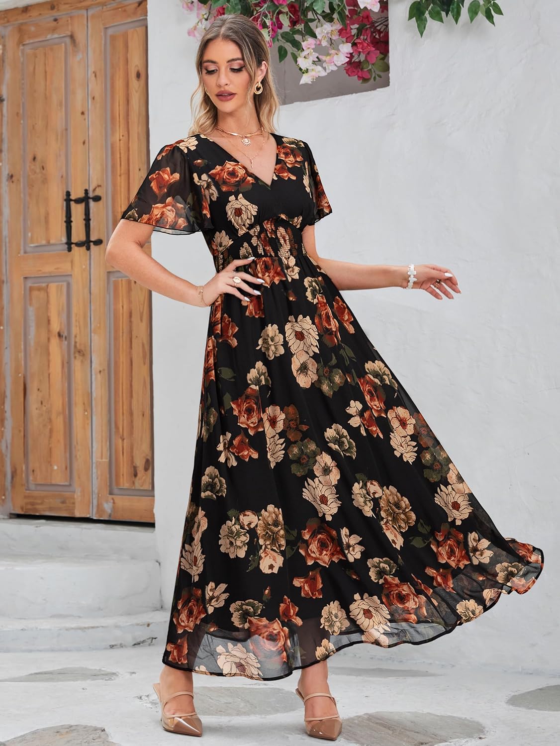 Simplee Women's Boho Floral Maxi Dress Flowy Casual V Neck Short Sleeve Wedding Guest Holiday Beach Long Dress - Image 3