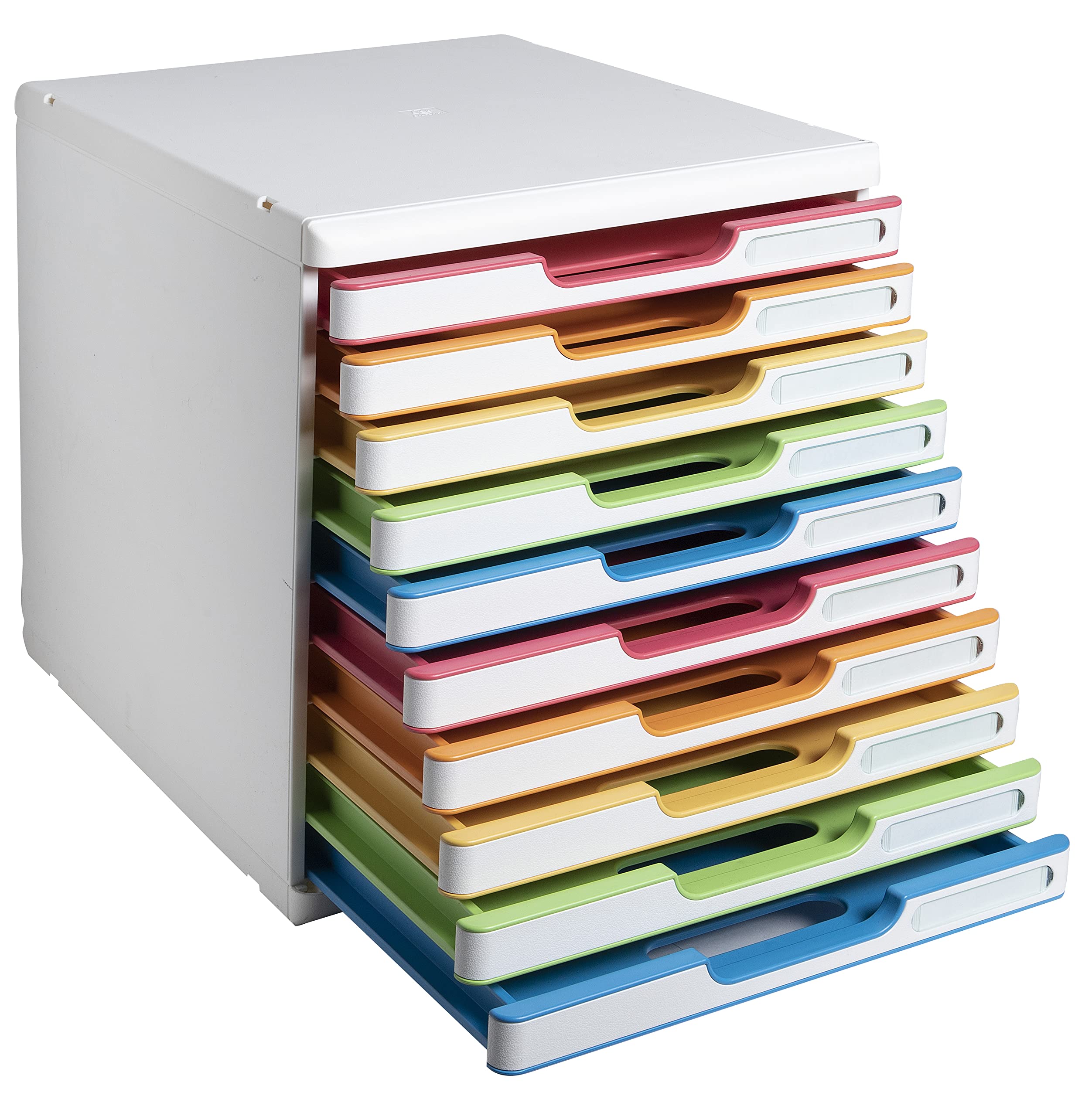 Exacompta - Rif. 302913D MODULO A4 - Cassettiera 10 cassetti chiusi per documenti A4+ - Dimensioni esterne: profondità 35 x larghezza 28,8 x altezza 32 cm - bianco/arlecchino/bianco