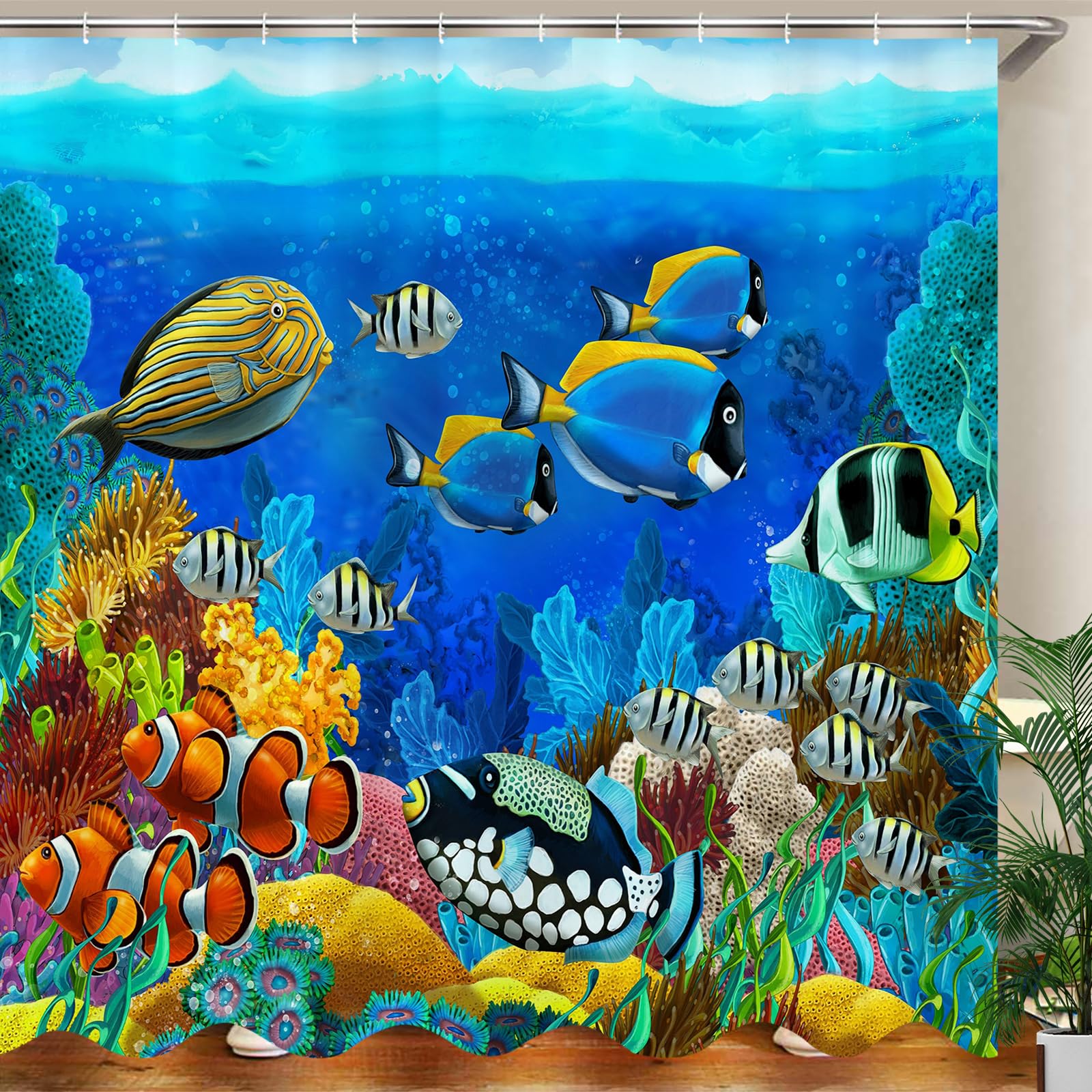 JOOCAR Shower Curtain, Fish Ocean Clear Undersea World Sea Animal with Corals Reefs Tropical Fishes Cartoon Watergrass Colored Fish, Waterproof Cloth Fabric Bathroom Decor Set with Hooks, 66x72 Inch