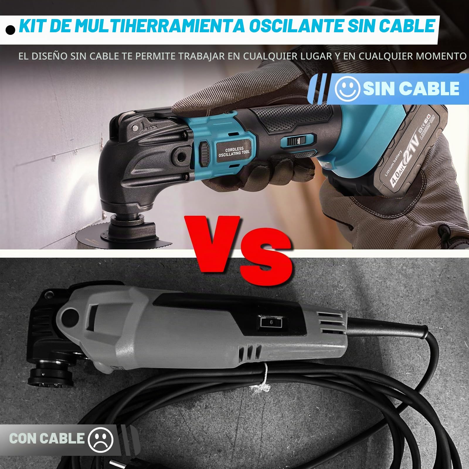 YEARTOP Multiherramienta Oscilante, Herramienta Multifunción Inalámbrica sin Escobillas para Baterías 21V 4000mAh 2PCS, Multiherramienta Oscilante Bateria kit de 26PCS, 6 Variables, 8500-22000RPM
