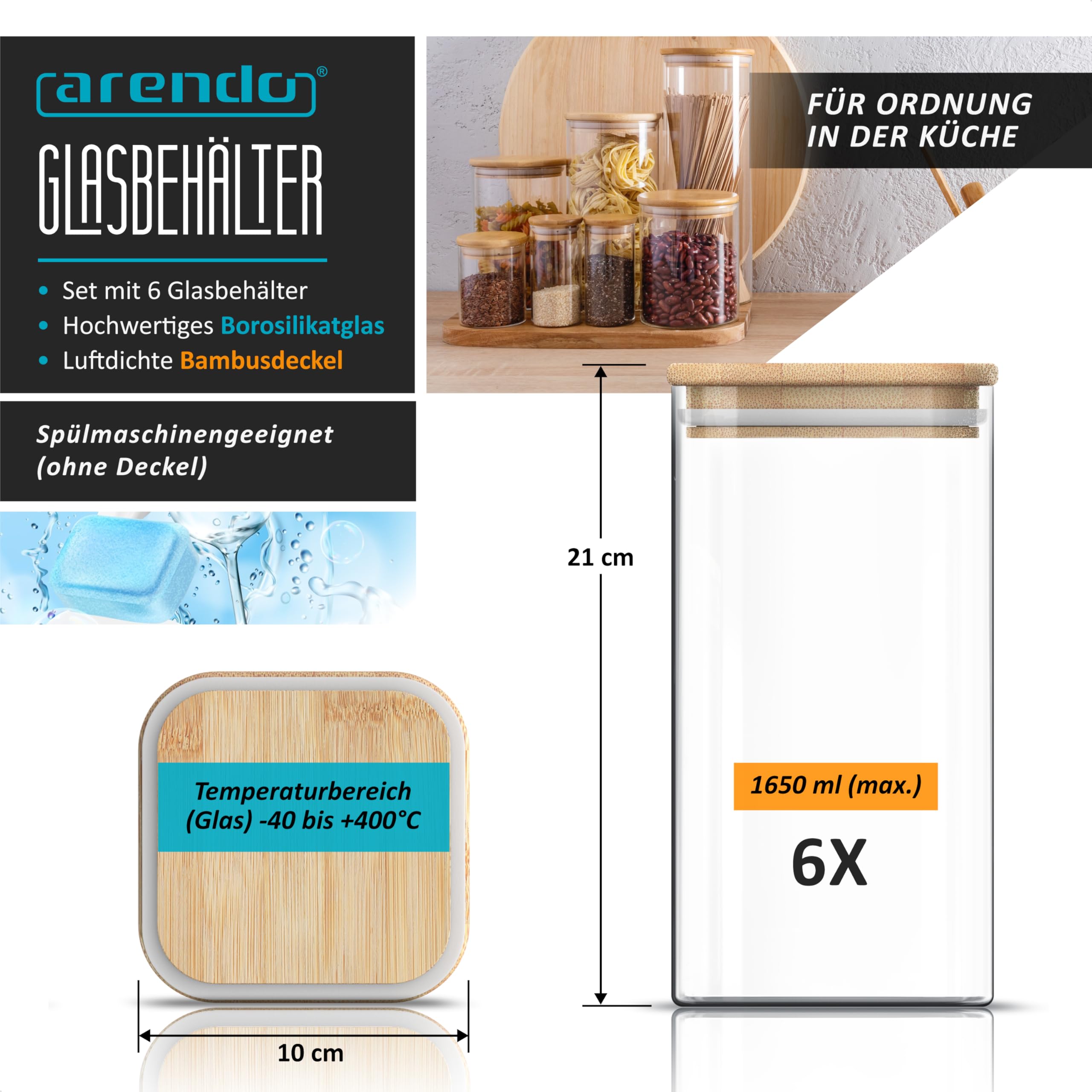 Arendo - Vorratsgläser mit Deckel 1650ml - 6er Set - Behälter aus Glas – hitzebeständig – Vorratsdosen mit Bambusdeckel - luftdicht - für Müsli Zucker Mehl Kaffee Reis