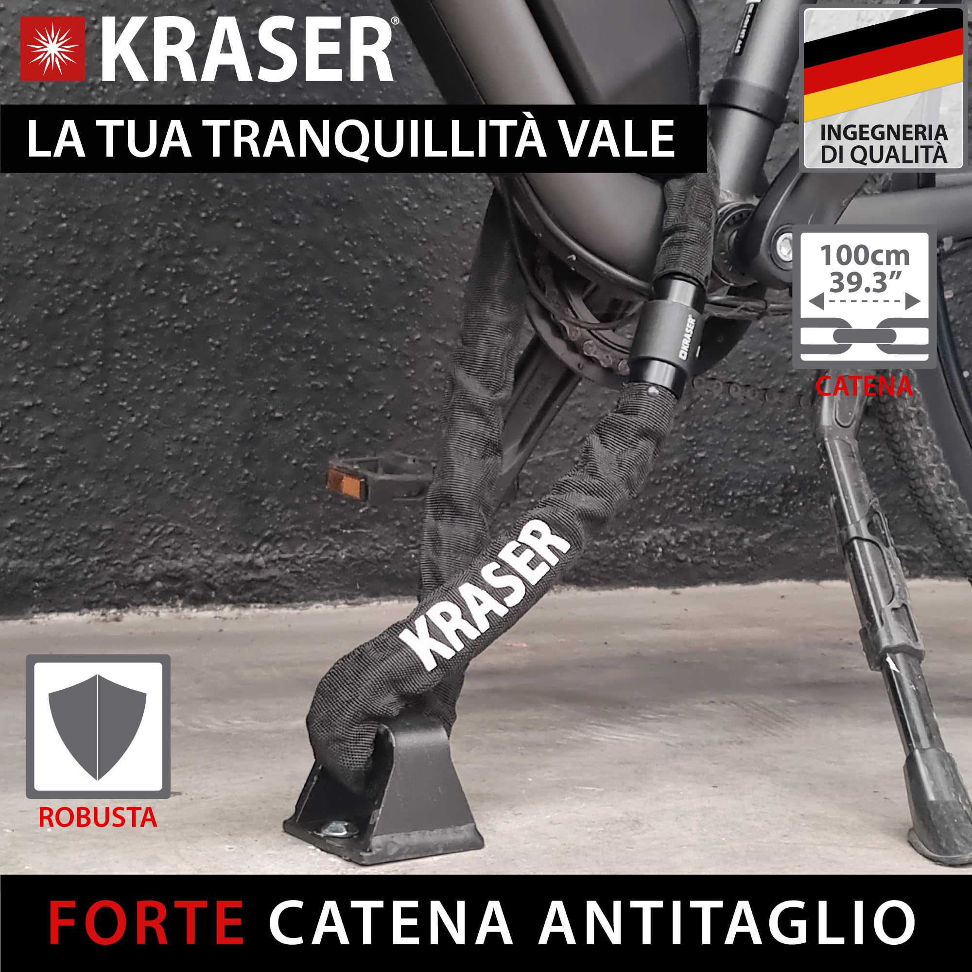 KRASER KR620 Lucchetto Bici Antifurto, Maglie in Acciaio ø8mm, 120cm, Serratura Sicurezza 360º, Coperchio, Fodera Tessile, Catena Bici Leggera Blocco Antifurto Motocicletta, Blocca Moto, Scooter, Bici