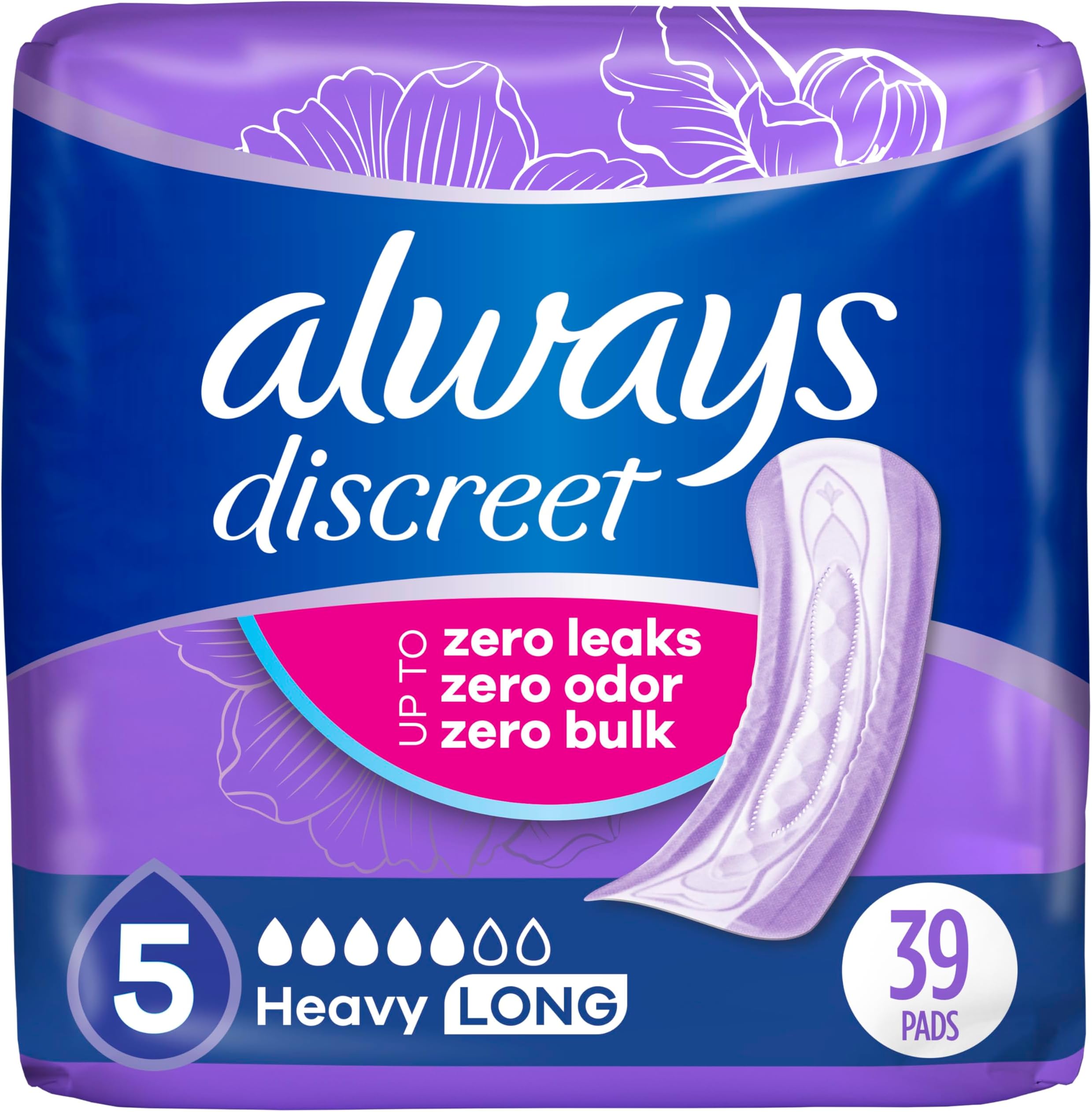 Always Discreet Maximum, Long Length Incontinence Pads - 39 Count
