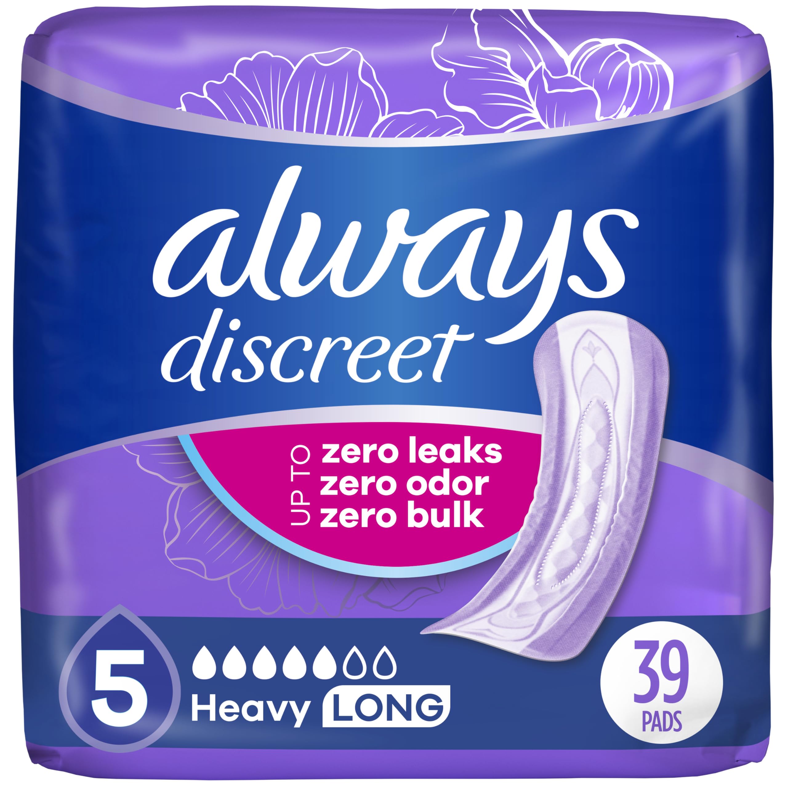 Always Discreet Incontinence Pads for Women, Heavy Absorbency, Long Length, 39 Count