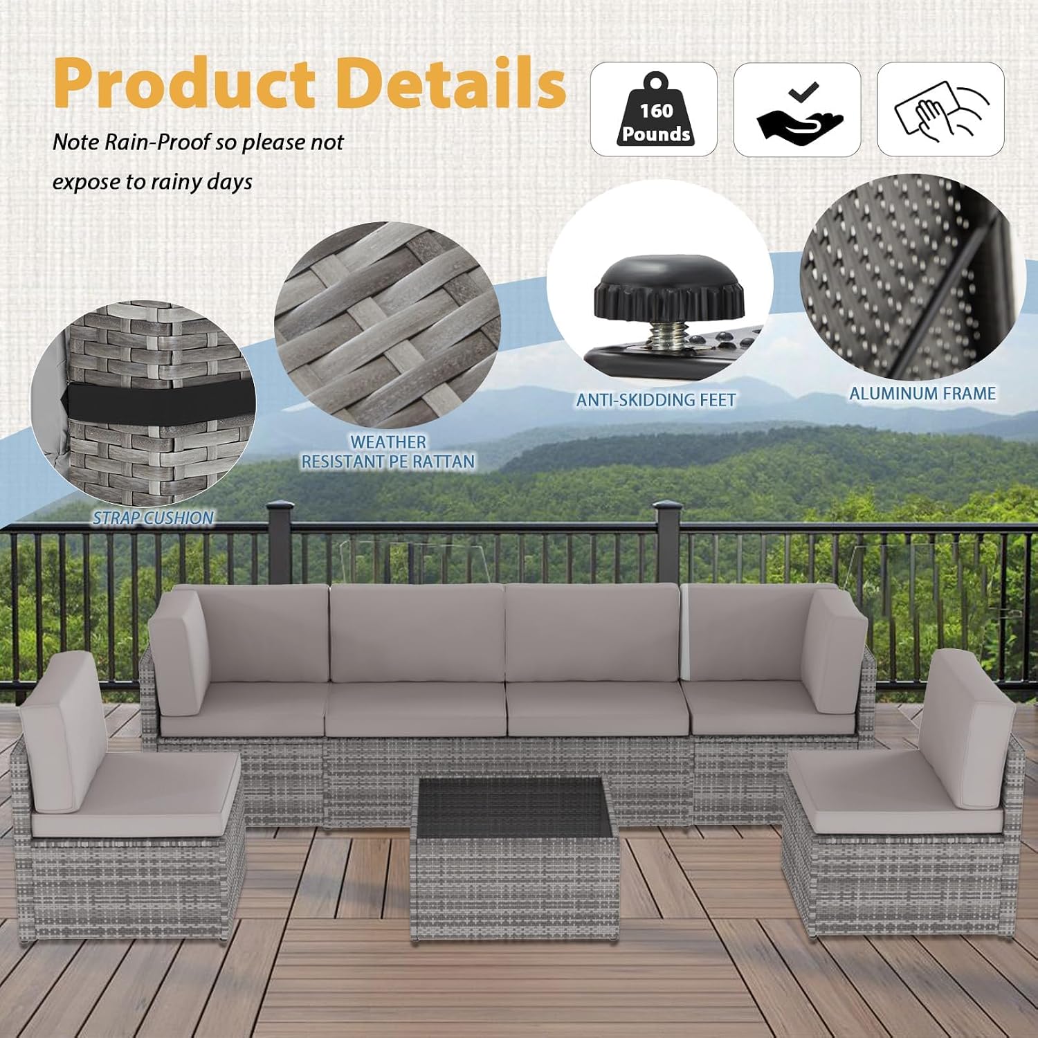 AECOJOY 7 Piece Outdoor Patio Furniture Set, Outdoor Sectional Conversation Furniture Chair with Coffee Table,Patio Sectional for Garden,Backyard(Grey Cushions and Grey PE Rattan, with Cover)