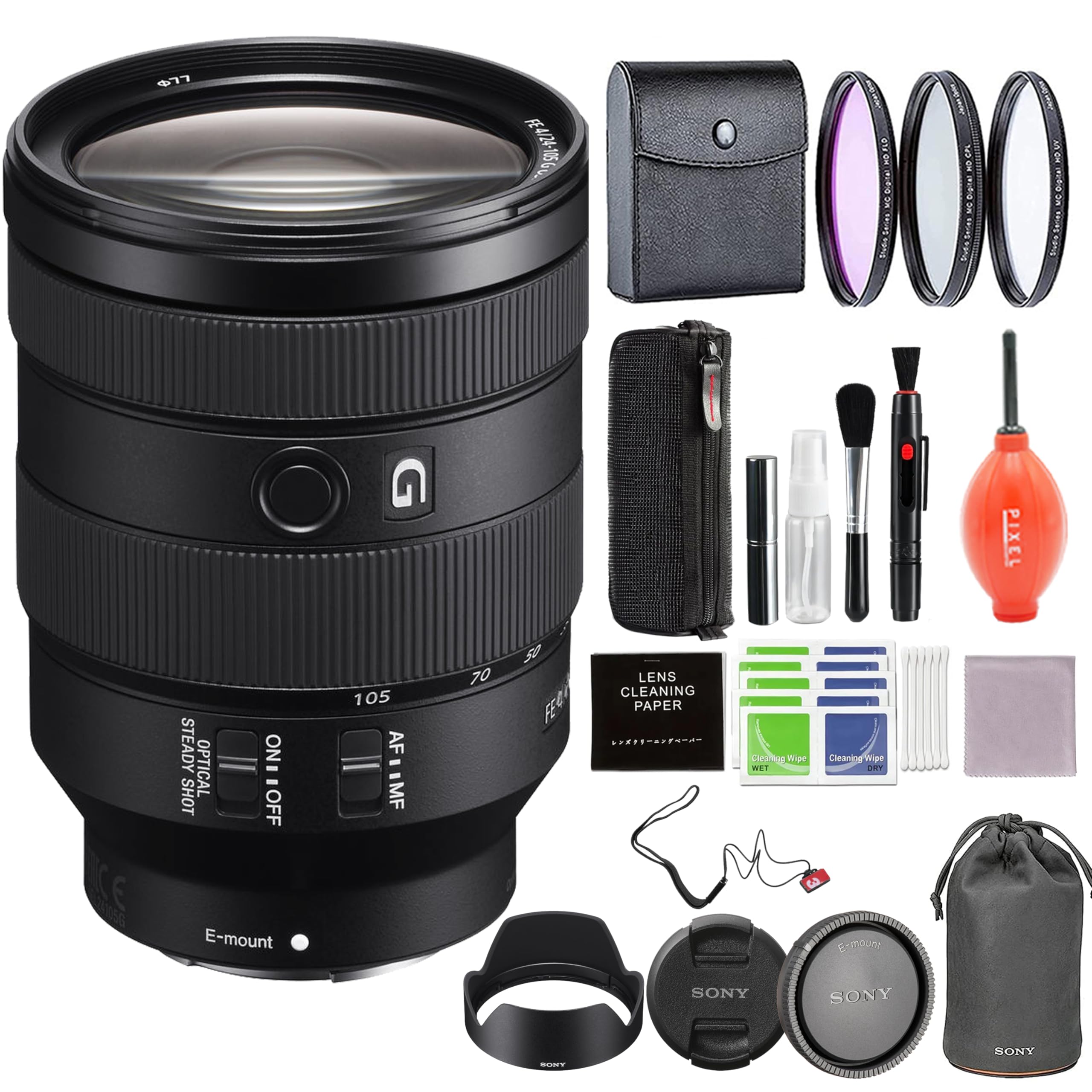 Sony FE 24-105mm F4 G OSS Full Frame Zoom Lens (SEL24105G) Bundle with 3PC Filter Kit, Cap Leash & More Advanced Accessories