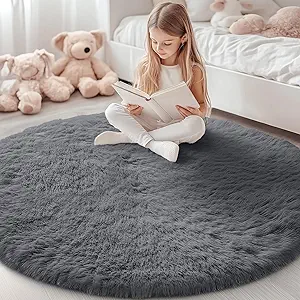 OLANLY Grey Round Rugs for Bedroom - Machine Washable, 5 ft Circle Area Rugs for Living Room, Soft and Fluffy Shaggy Carpet for Teen Girls and Boys, Nursery Rooms, Dorms, Home Decor Aesthetic