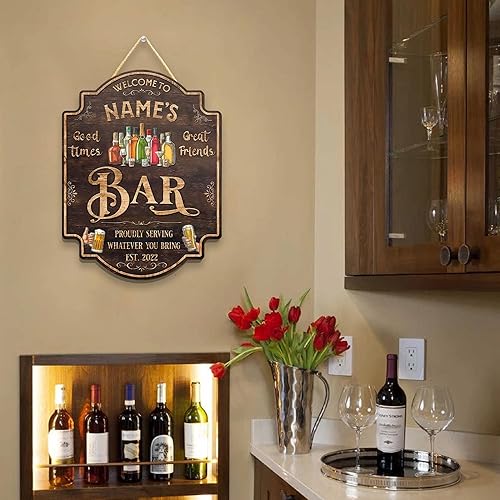 Miniatura 8 de WODORO Placa de pared personalizada con letrero de madera con texto en inglés "Welcome To Our Bar" (NO REAL CARVED), decoración de barra de sótano,