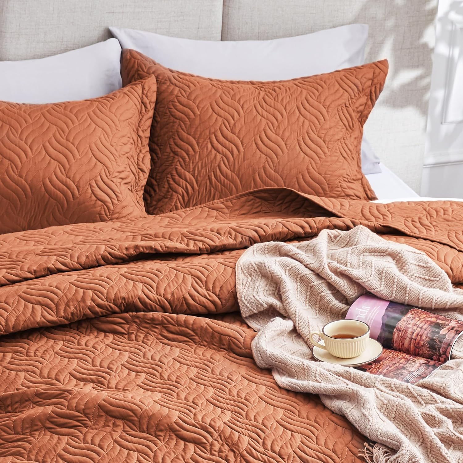 Love's cabin Twin Quilt Bedding Set Umber Bedspreads - Soft Bed Summer Lightweight Bedspread Comforter - Wave Pattern Bedding Coverlet for All Season - 2 Pieces (1 Quilt, 1 Pillow Sham) - Image 3