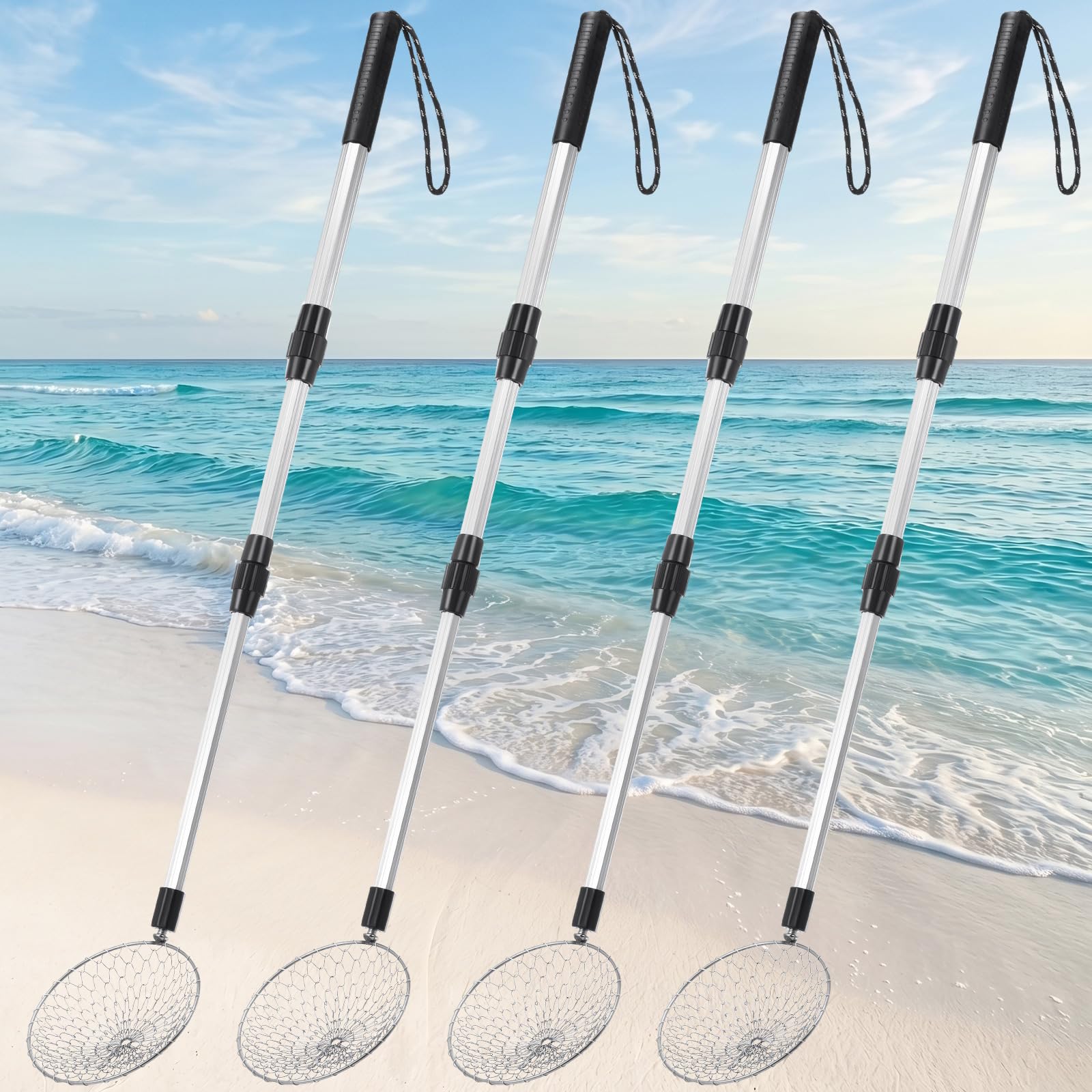 Vinsot Juego de 4 tamices de arena de playa, pala ajustable, palas de tamizado de arena con mango de 41.5 pulgadas de largo, tamiz de dientes de tiburón para limpieza de playa