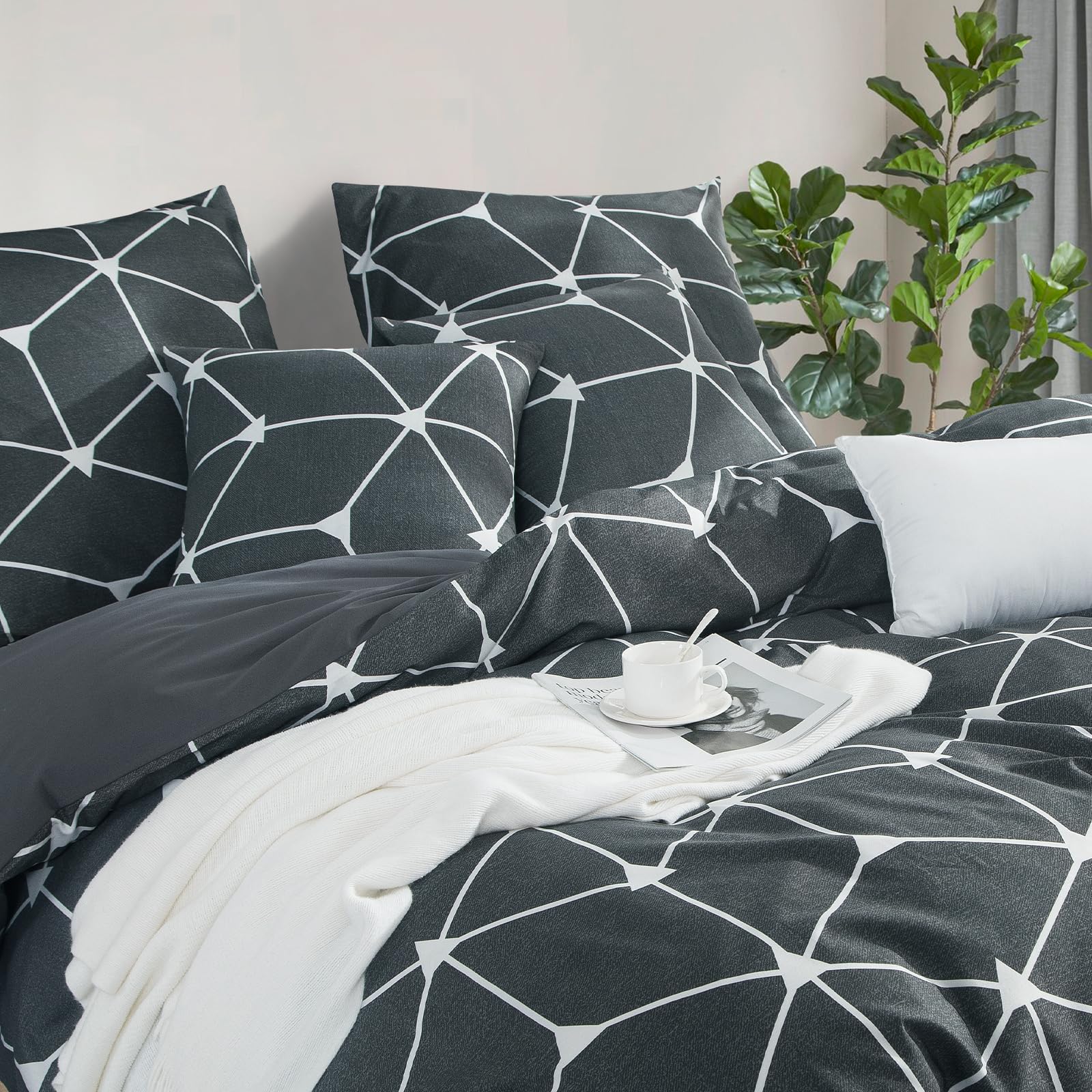 RUIKASI Parure de lit, 3 pièces, en Microfibre, avec Fermeture éclair, Douce et Infroissable, 200 x 220 cm, avec Motif géométrique, 220 x 200 cm, Anthracite